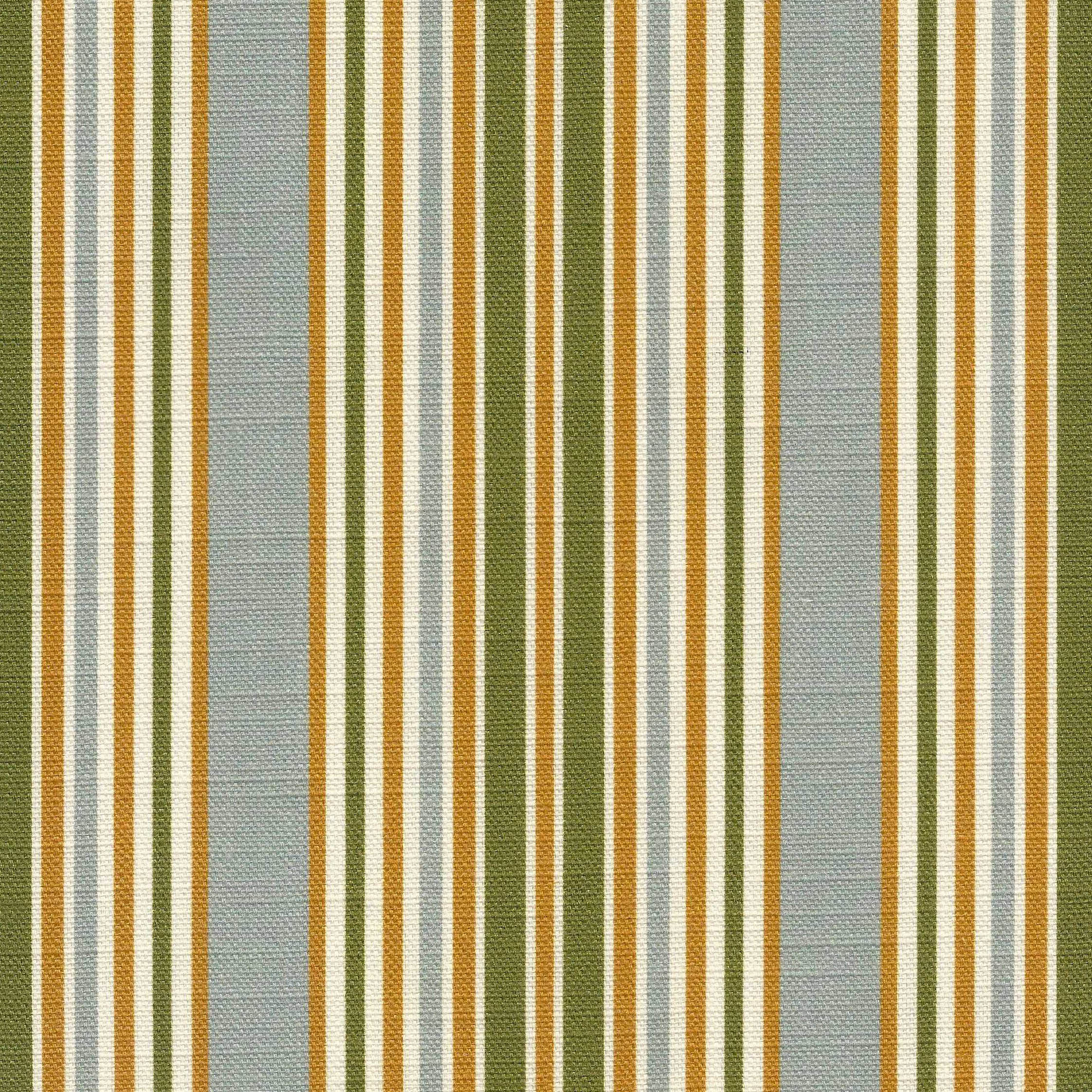 Vertical striped fabric pattern featuring alternating stripes of sage green, light blue, golden yellow, and ivory