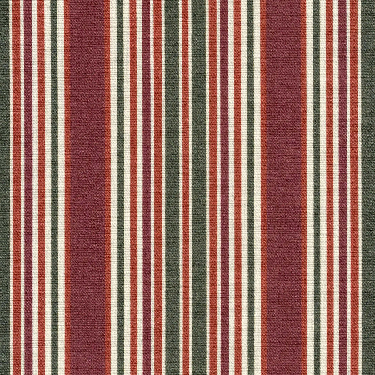 A vertical stripe printed linen fabric in burgundy, burnt orange, forest green and ivory