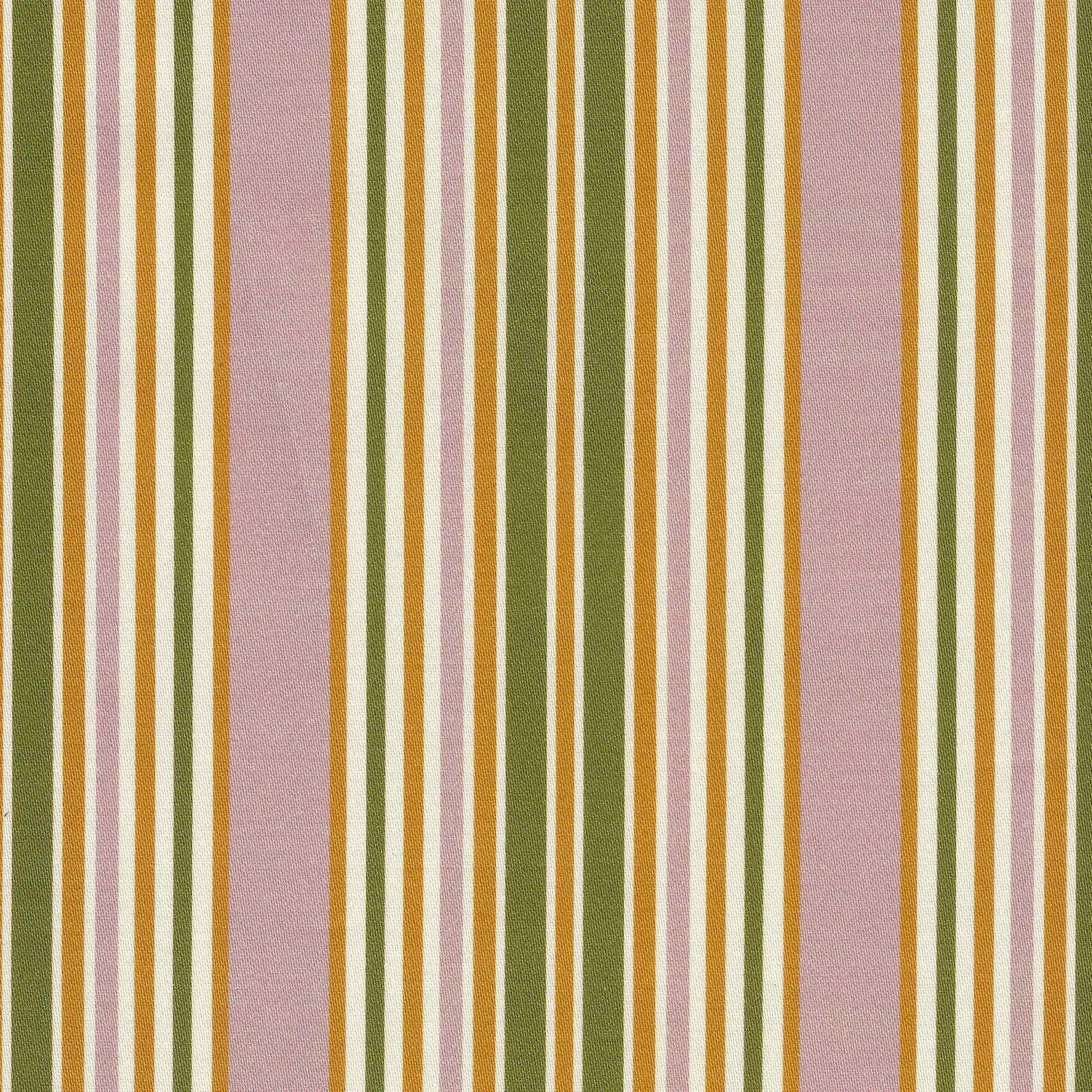 Vertical striped fabric pattern featuring alternating stripes of dusty pink, olive green, golden yellow, and cream.