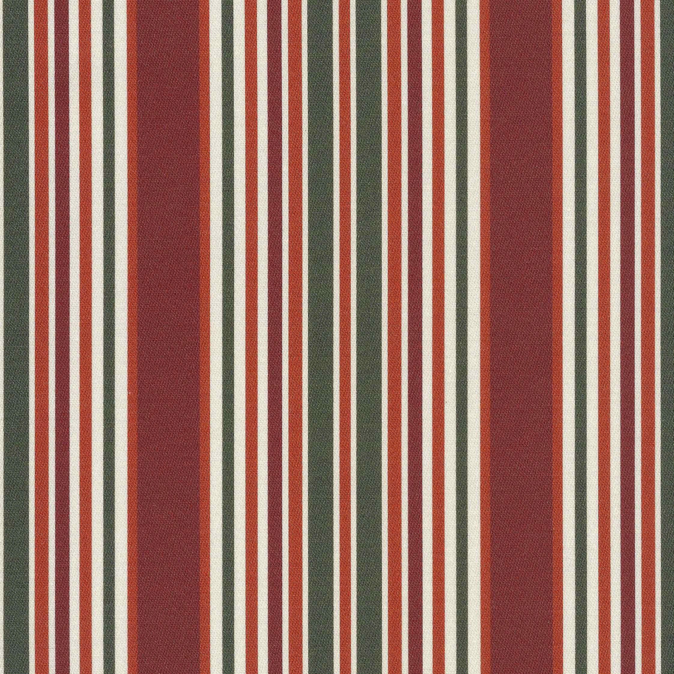 A vertical striped design in burgundy, forest green and burnt orange, met with an ivory detail. Printed on a smooth cotton satin ground.
