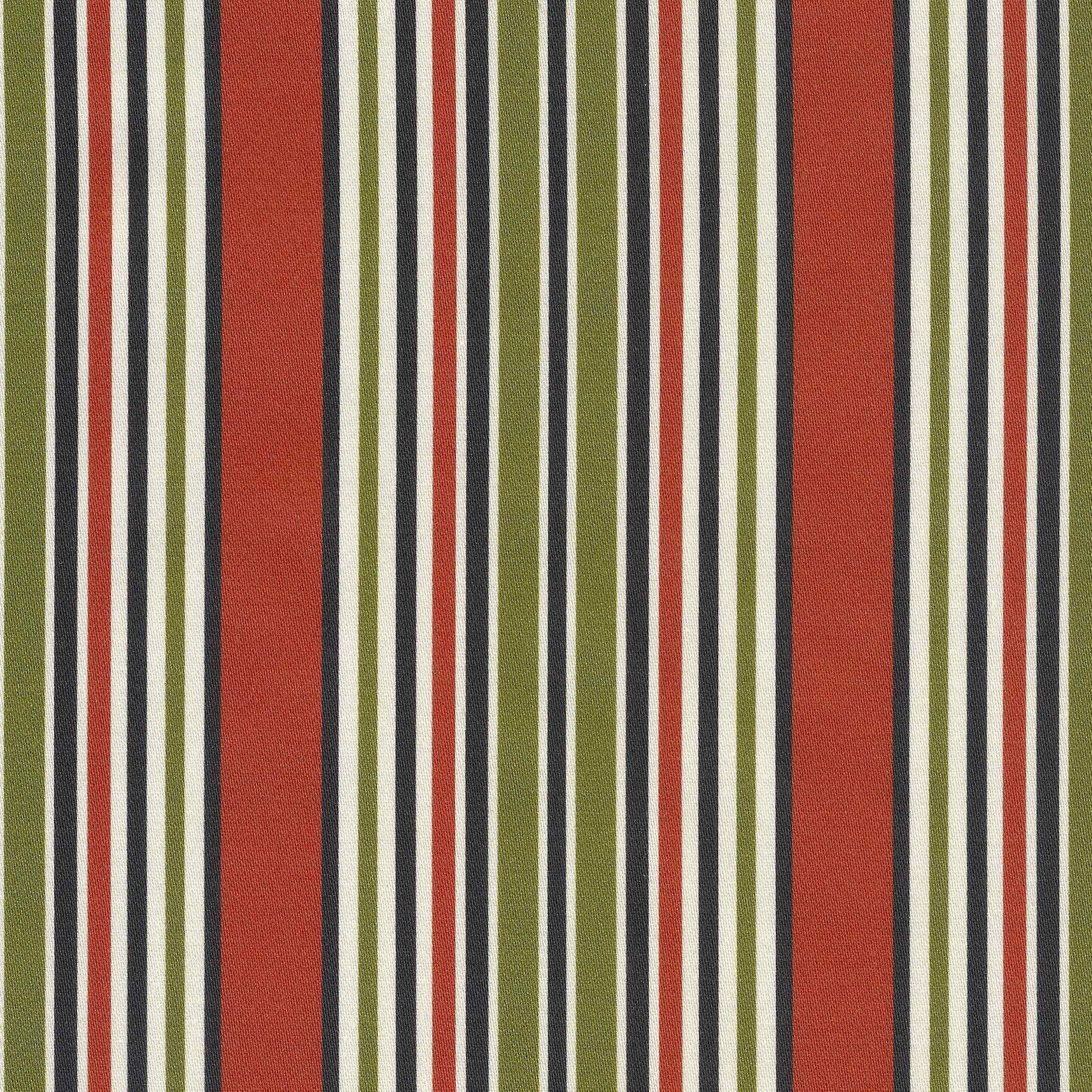 a vertical striped design in terracotta, black, ivory and green varying width stripes. Printed on a smooth cotton satin ground.
