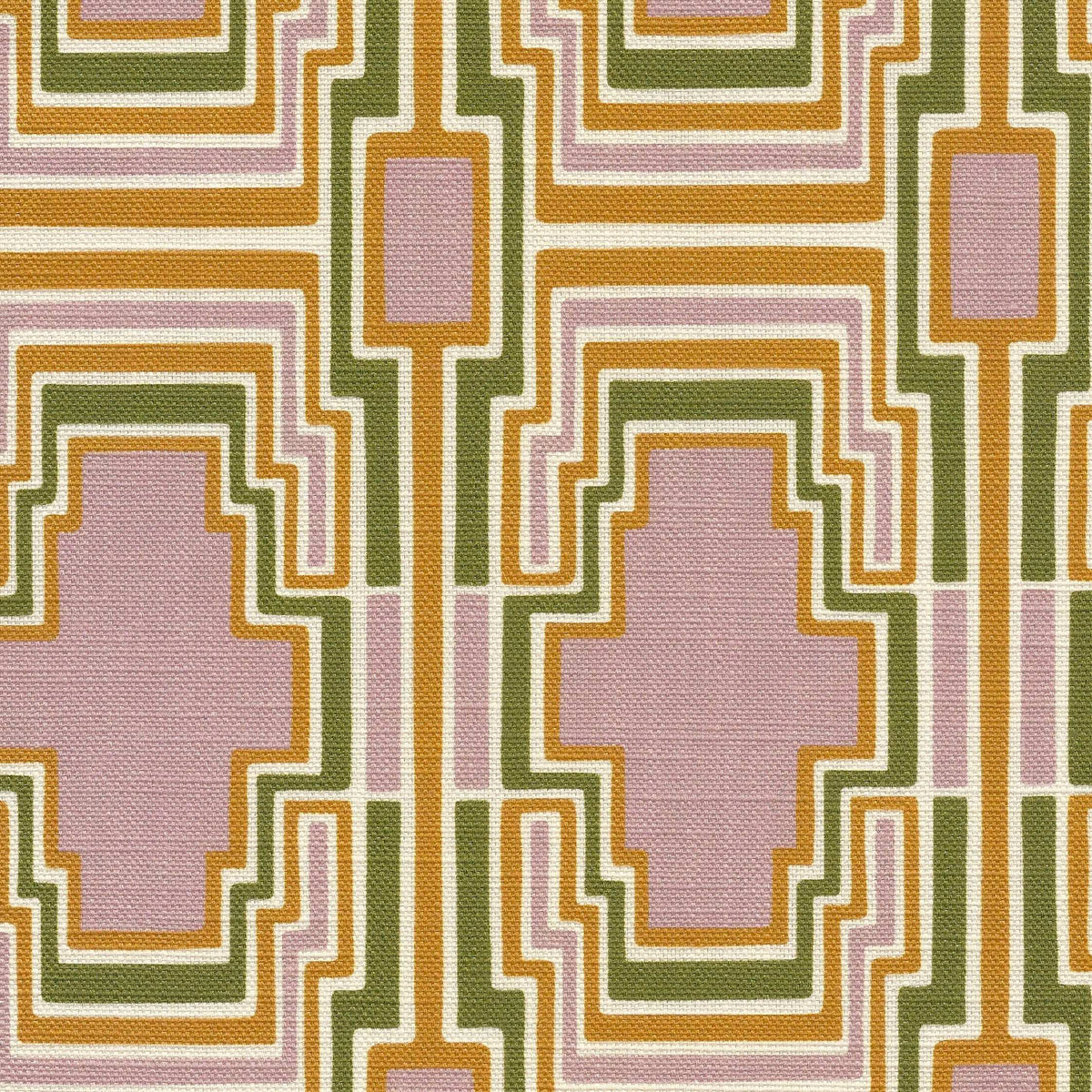 Geometric pattern with green, golden yellow, and pink colours on a textured linen fabric background