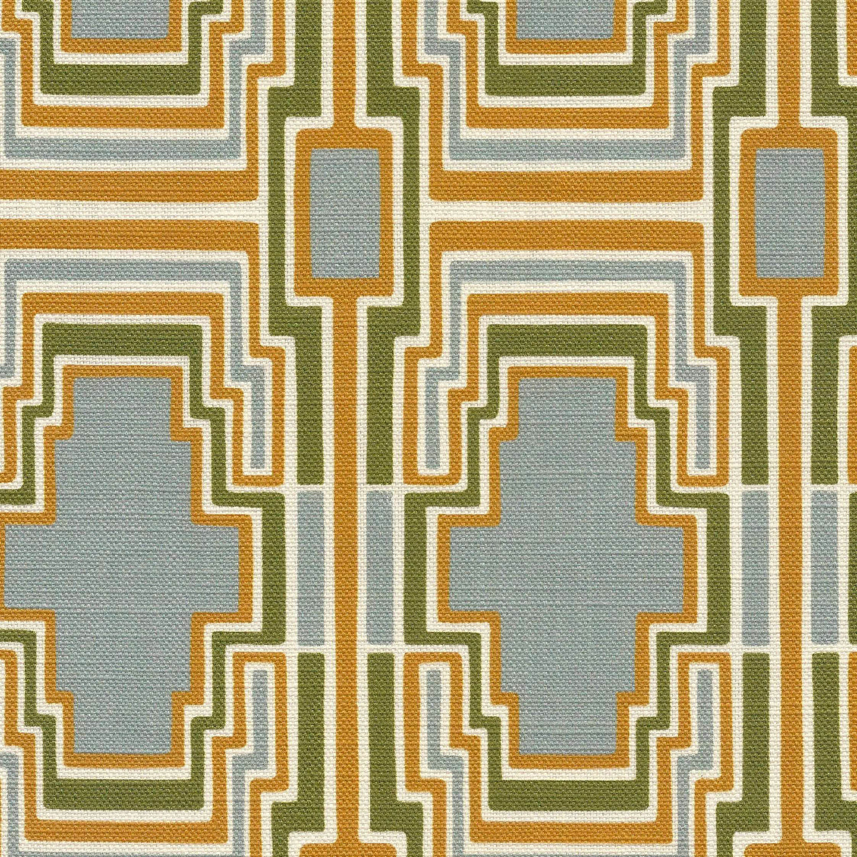 Geometric patterned fabric with blue, green, and golden yellow colors on a textured linen ground