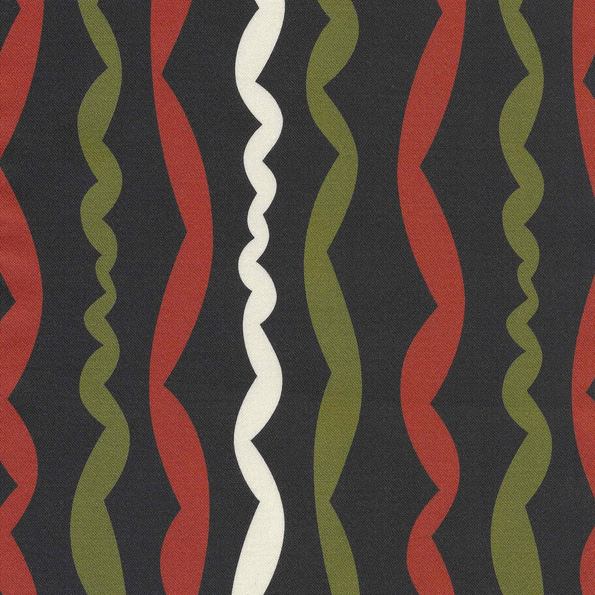 Wavy striped design in terracotta, green and ivory lines on a black ground