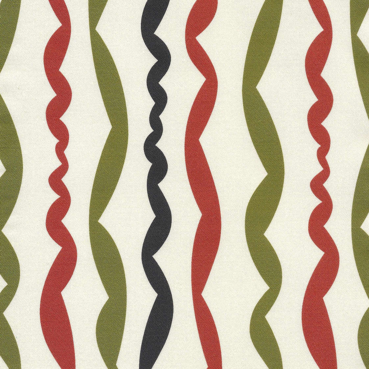 A striped cotton pattern featuring a contemporary palette of terracotta, green and black on an ivory ground