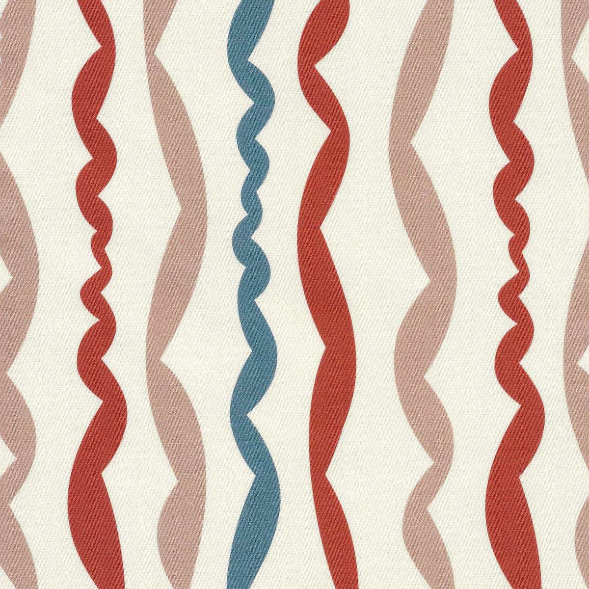 Wavy striped design in terracotta, nude and blue on an ivory ground