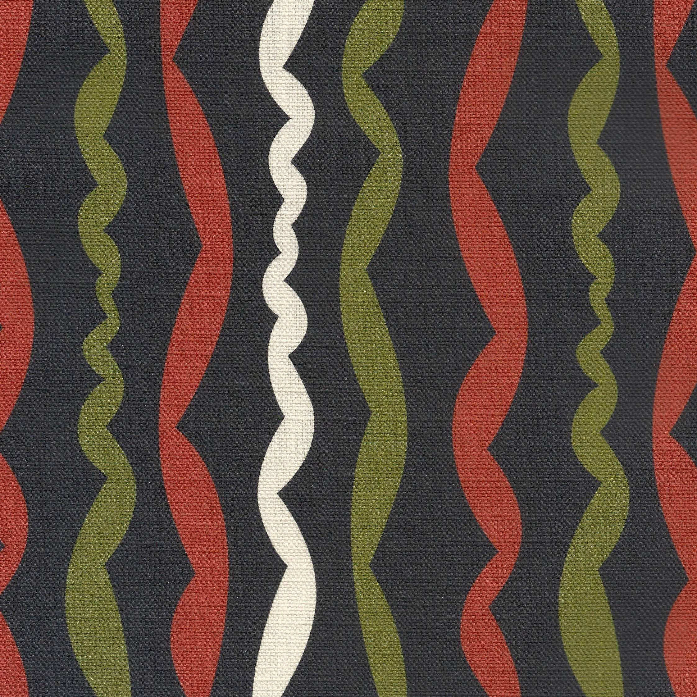 printed fabric with wavy pattern in terracotta, green, and white on a black background