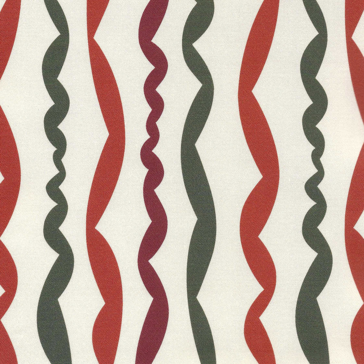 A close-up of a fabric pattern featuring vertical wavy stripes in terracotta, dark olive green, burgundy, on an off-white background.