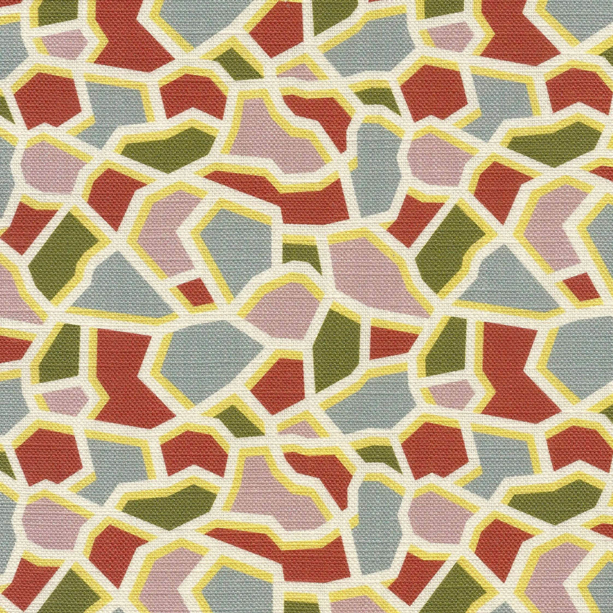 Geometric patterned fabric with terracotta green, and blue shapes on a multicolor background