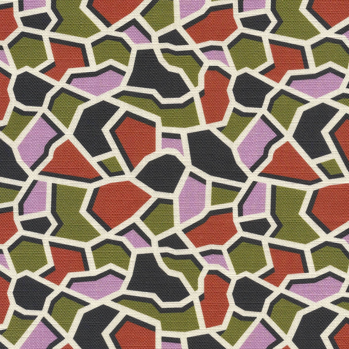 Geometric pattern with colorful green, lilac, terracotta and black shapes on a fabric background