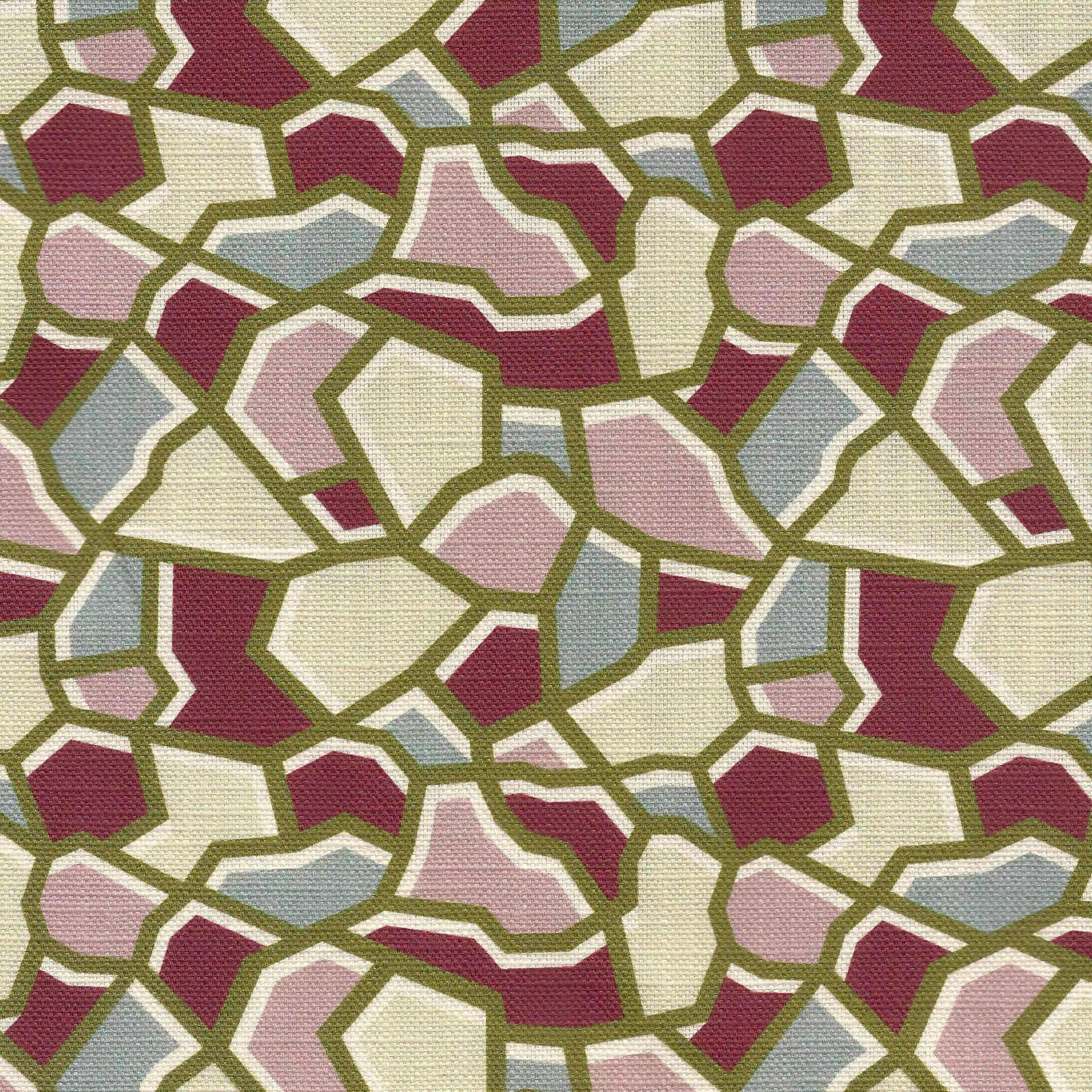 Abstract allover geometric printed patterned fabric with burgundy, pale pink, green, and beige colors with an ivory outline.