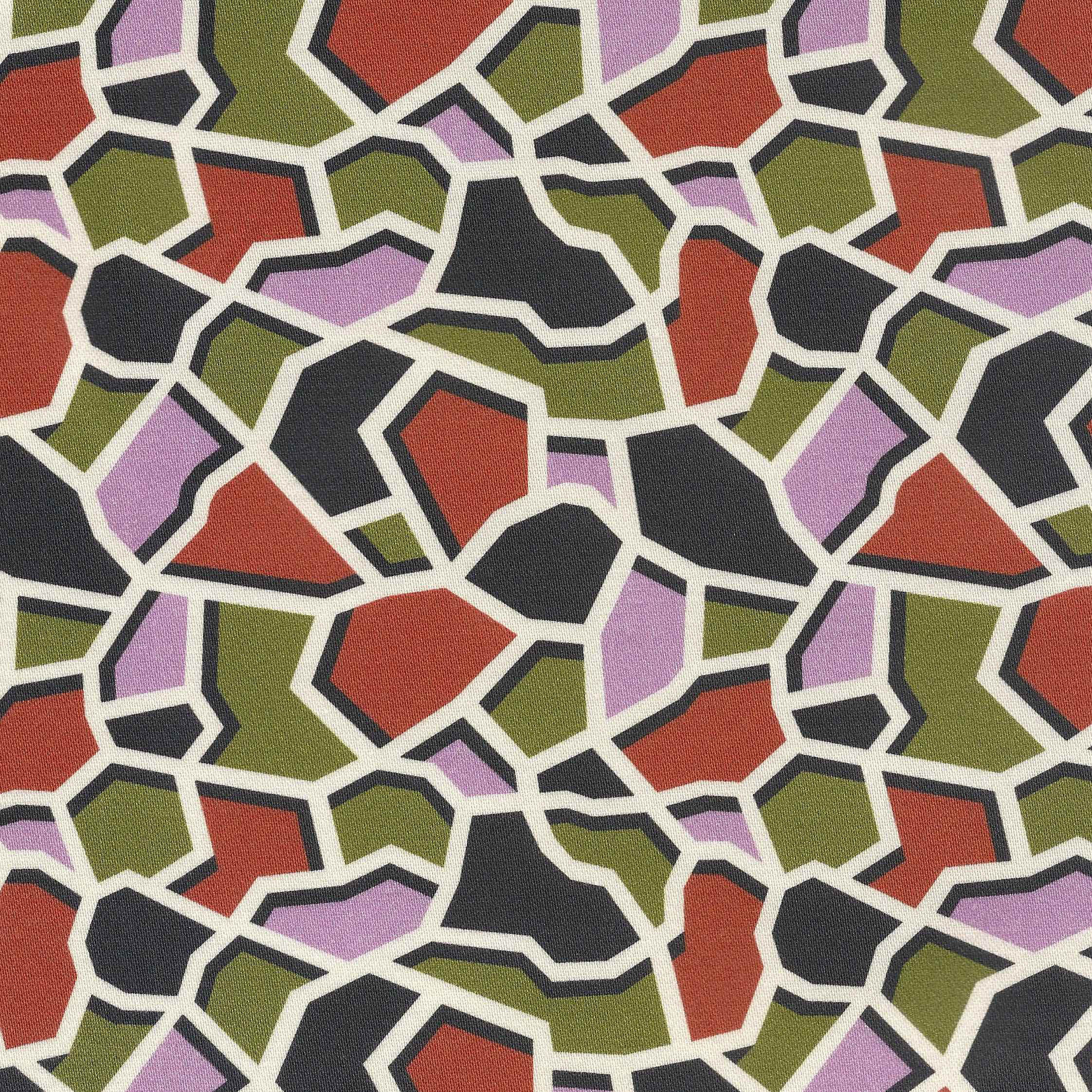 A close-up of a patterned surface with irregular polygon shapes in olive green, red, black, lavender purple, and cream separated by thin cream lines.