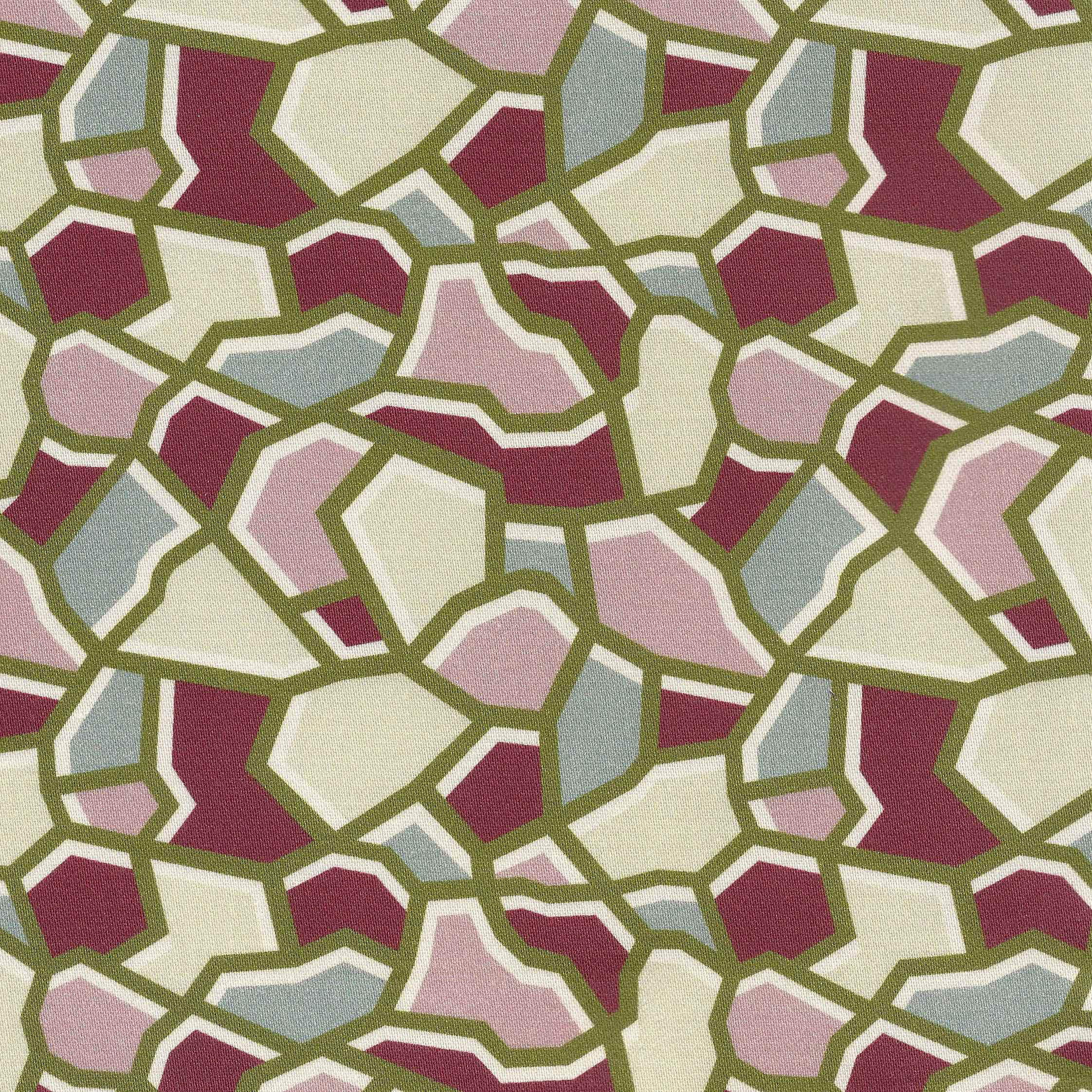 An abstract geometric pattern with irregular polygon shapes in burgundy, blush pink, pale blue-gray, and cream, outlined in olive green.