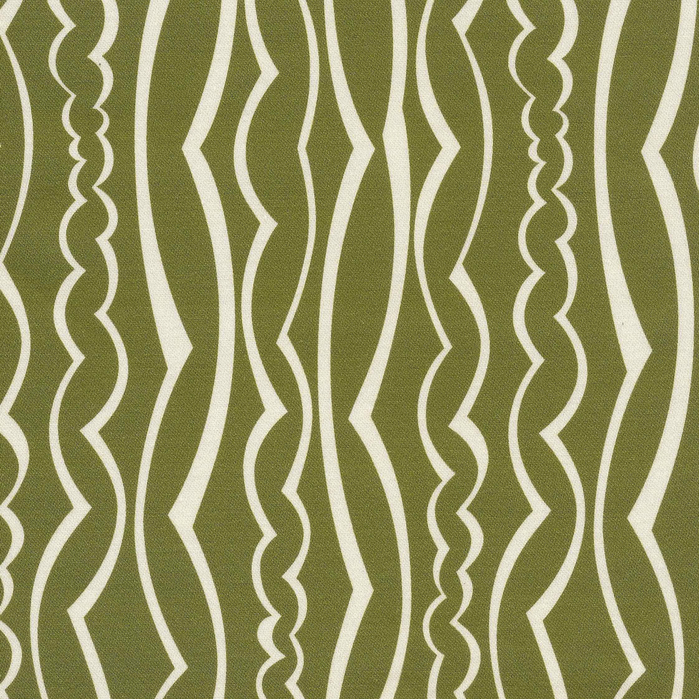 Olive green fabric with a repeating vertical wavy stripe pattern in cream.