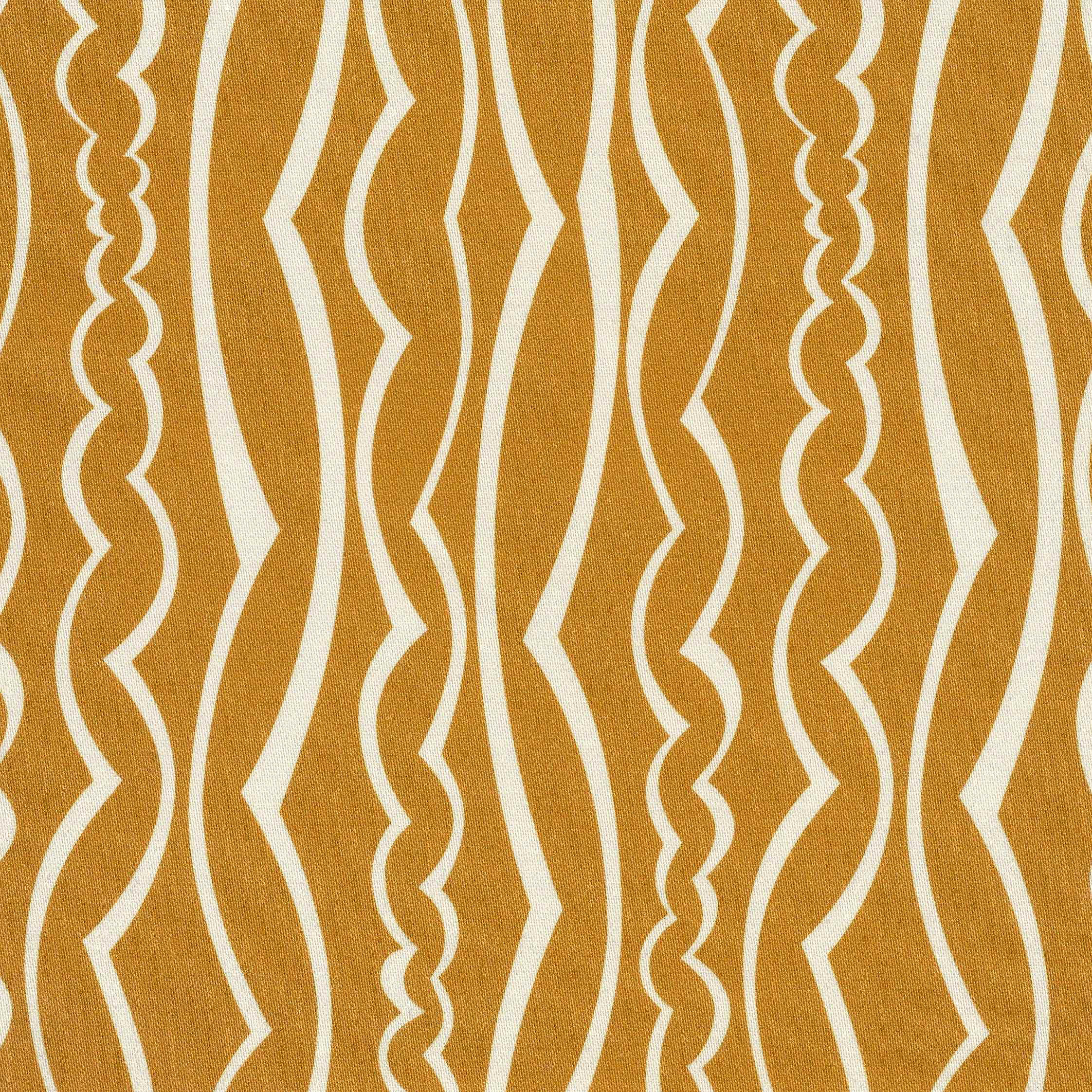A close-up of a fabric pattern featuring vertical wavy ivory stripes on a rich golden yellow ground