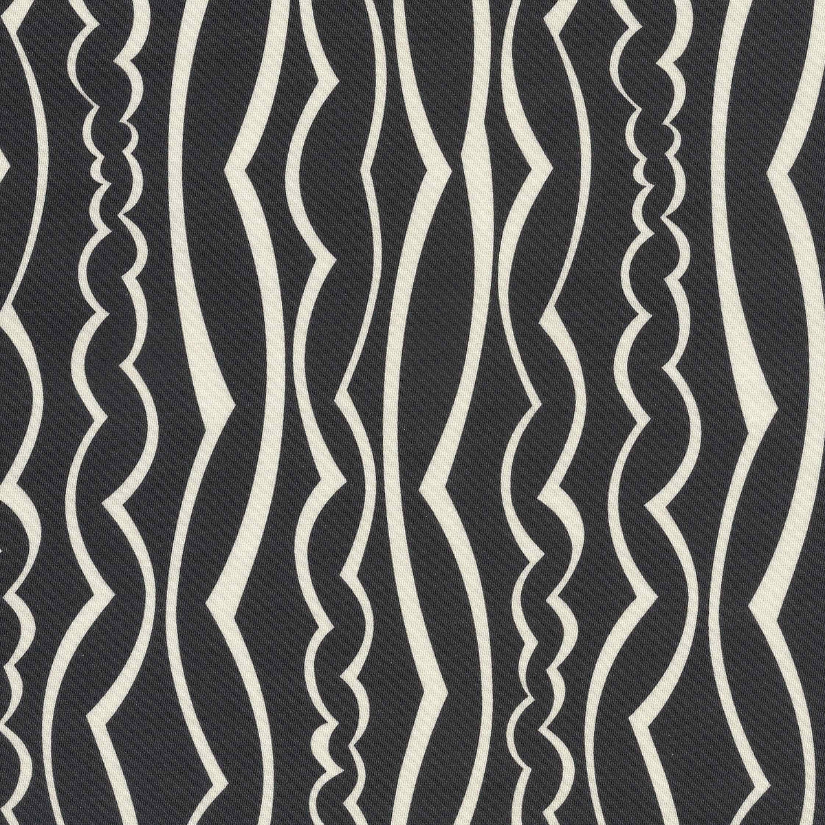 A close-up of a fabric pattern featuring vertical, wavy black and ivory stripes.