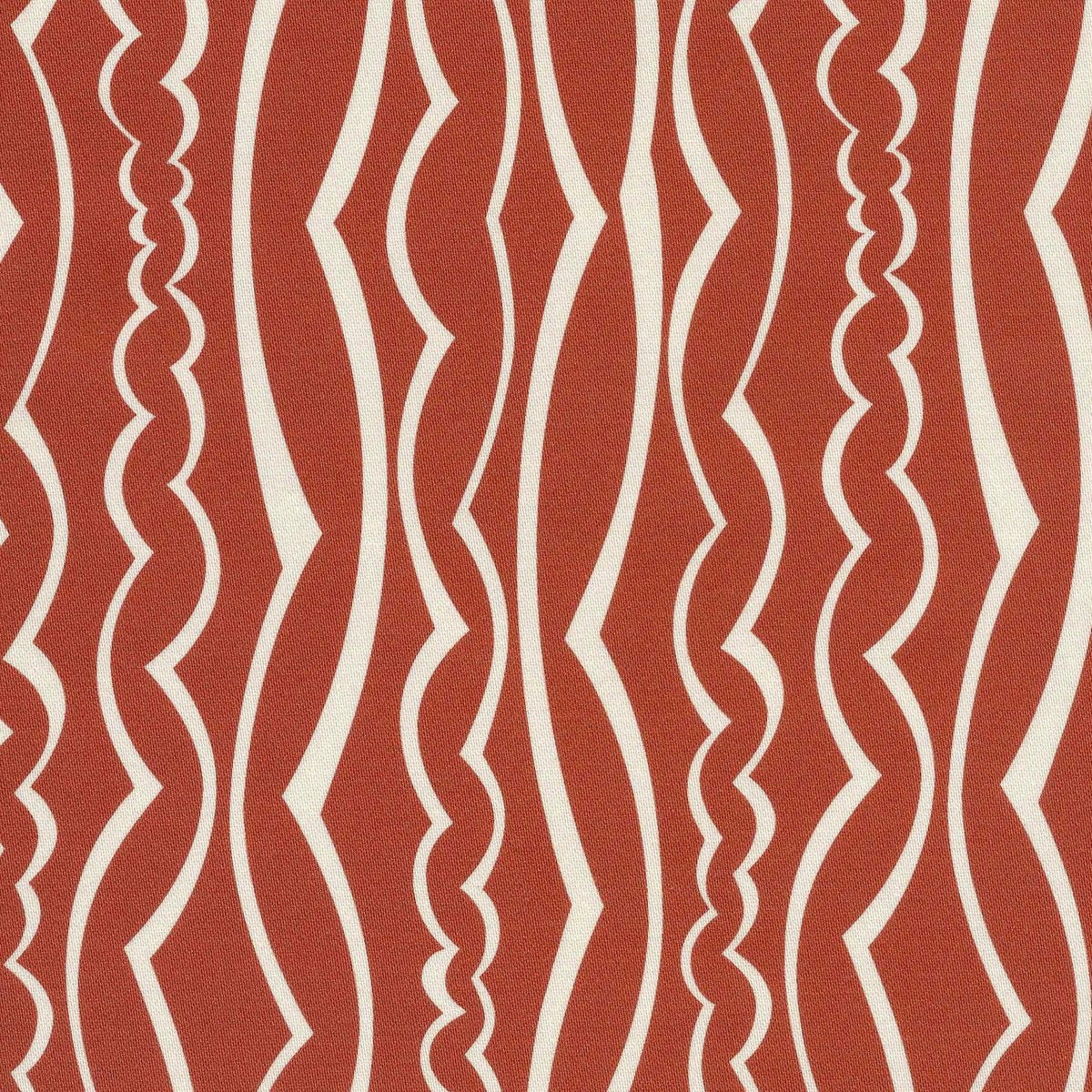 A close-up of a fabric pattern featuring vertical wavy stripes in terracotta red and cream.