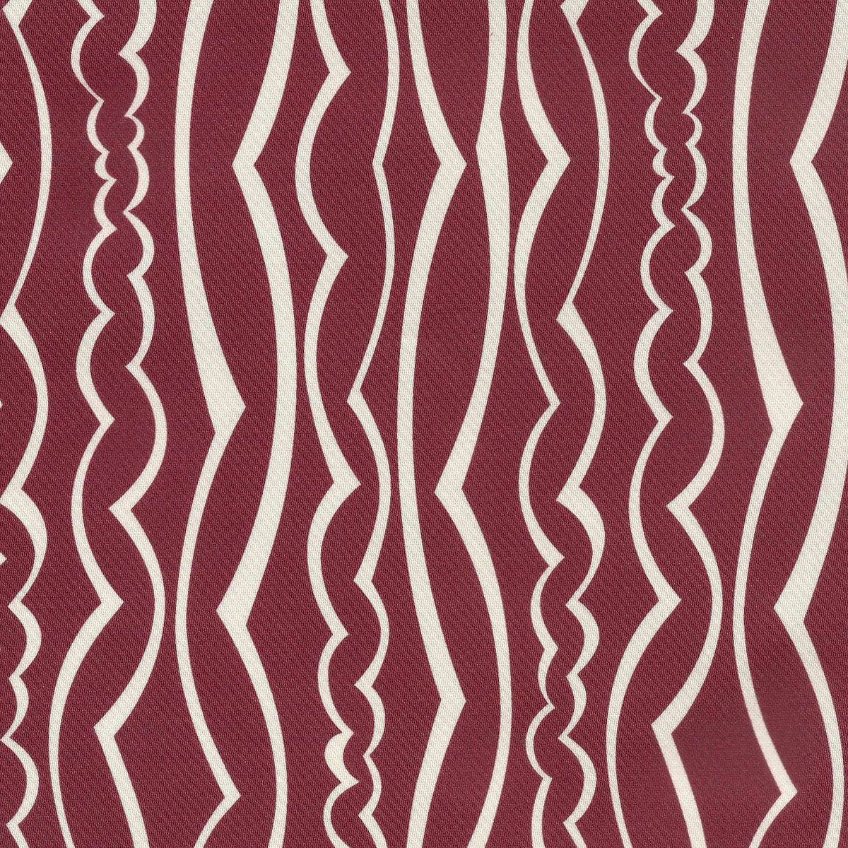 A close-up of a fabric pattern featuring vertical wavy stripes in deep burgundy and cream.