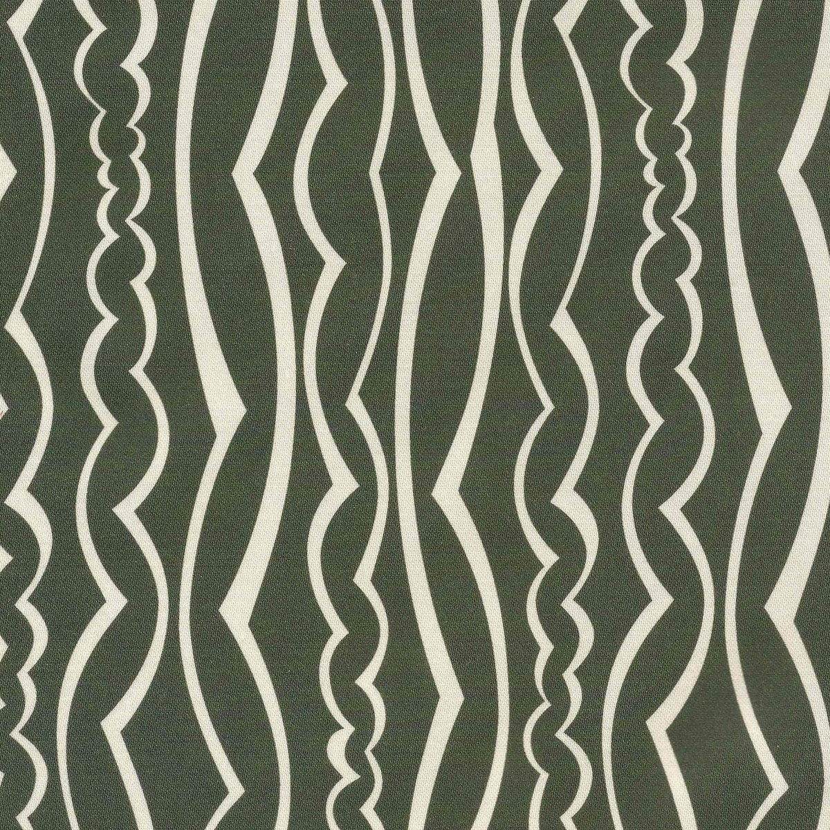 A close-up of a fabric pattern featuring vertical wavy stripes in dark olive green and off-white.