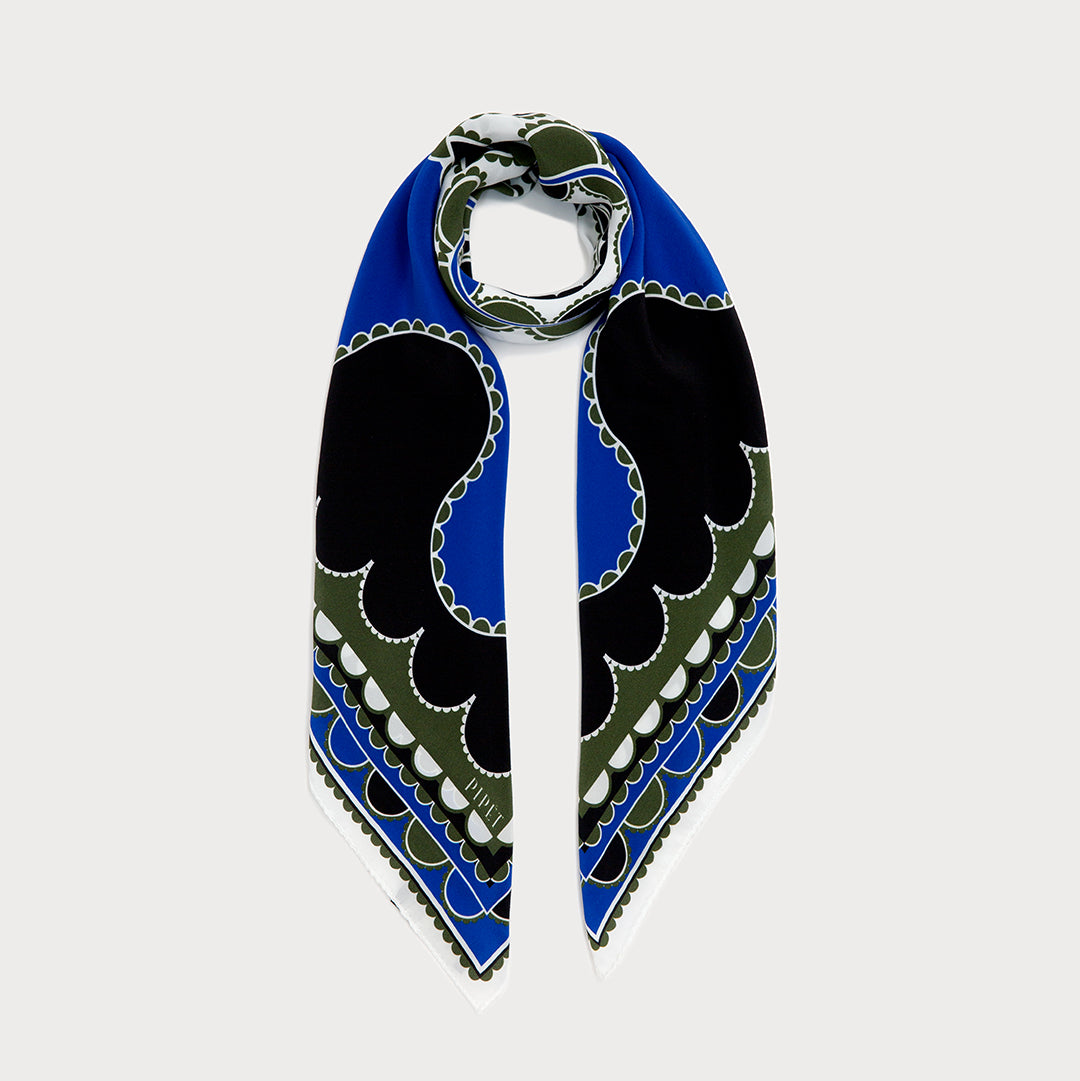Barbican Classic Womens 90cm Square silk scarf in Black, Blue and Khaki Green