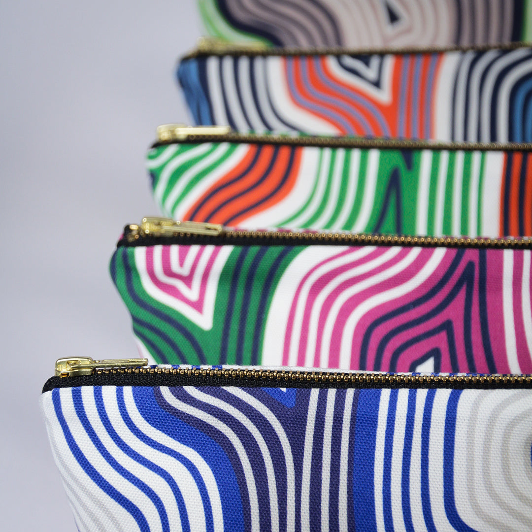 Lasdun printed cotton zip pouch collection. Printed and handmade in England.
