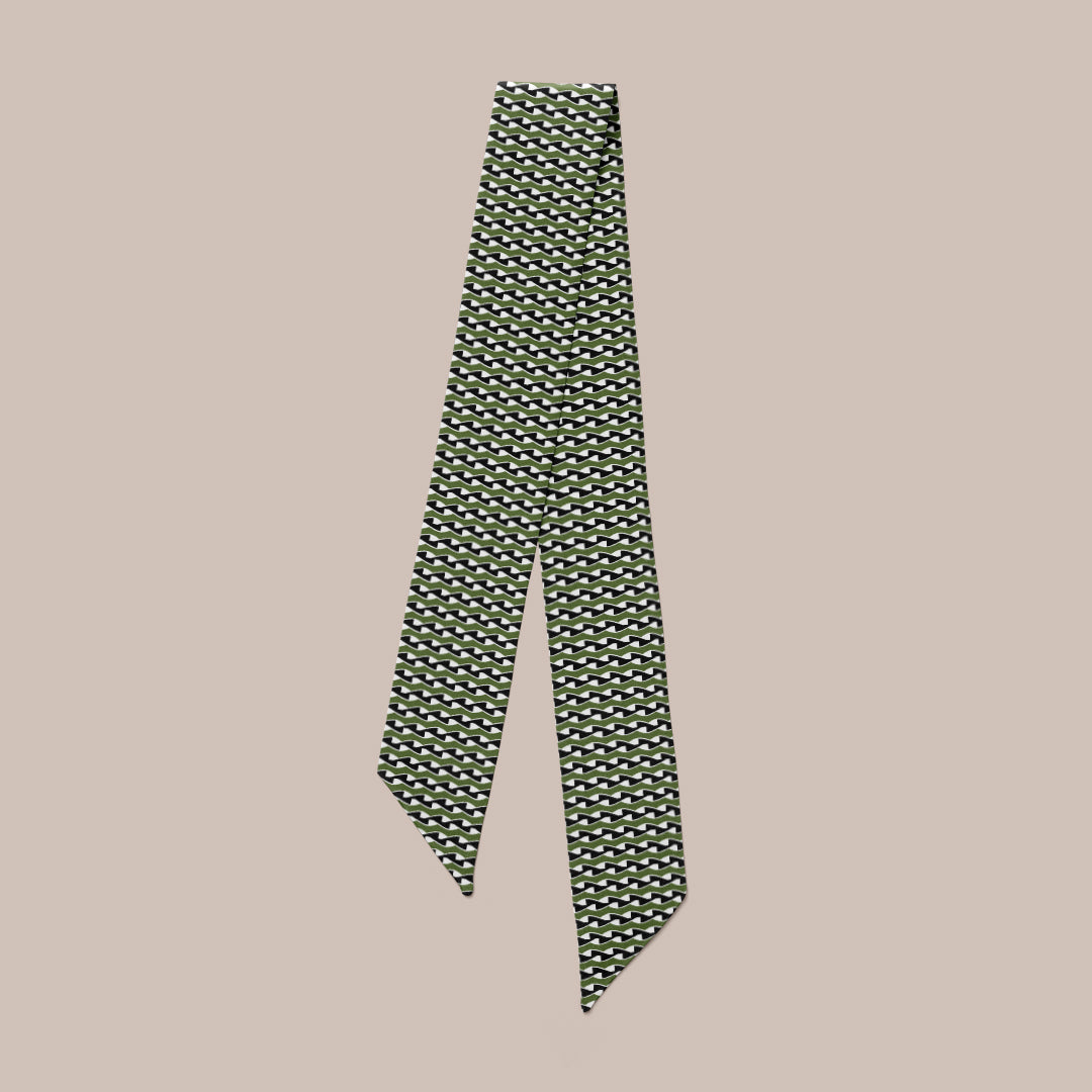 Twist mini scarf, Black and Dark Khaki  printed silk