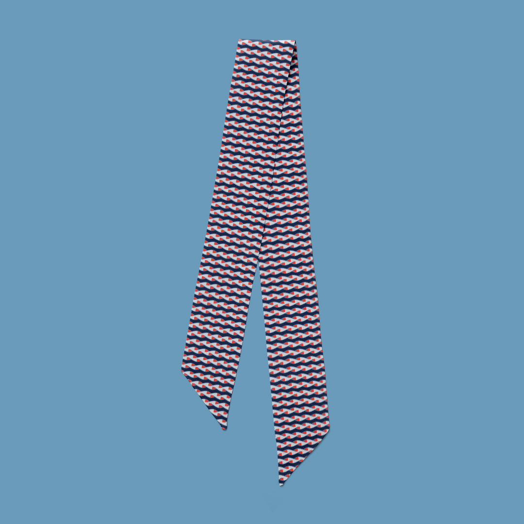 Pipet design Twist mini scarf, orange and navy printed silk