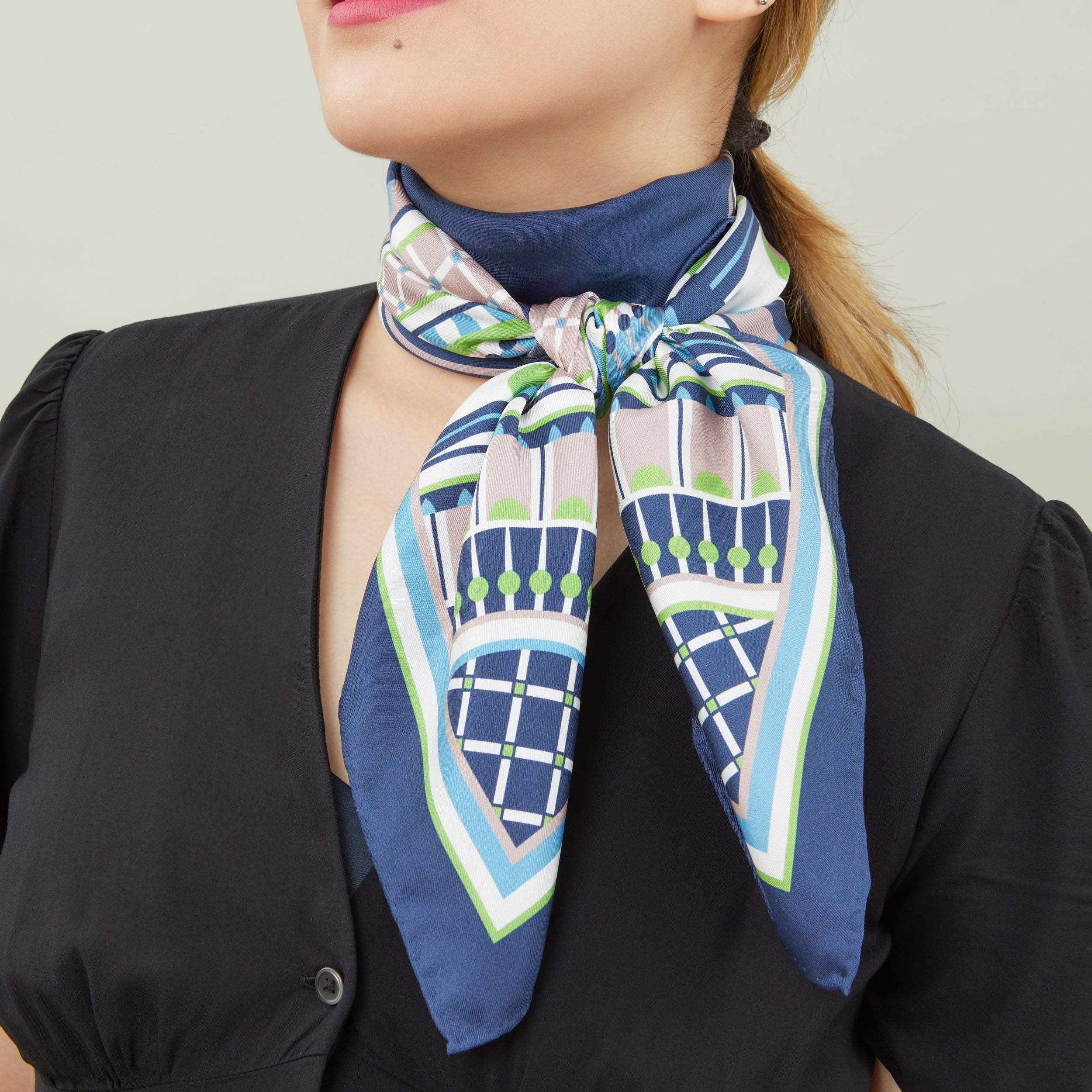 Pipet Design Oxo Silk Square Scarf, Navy, Lime. Made in UK
