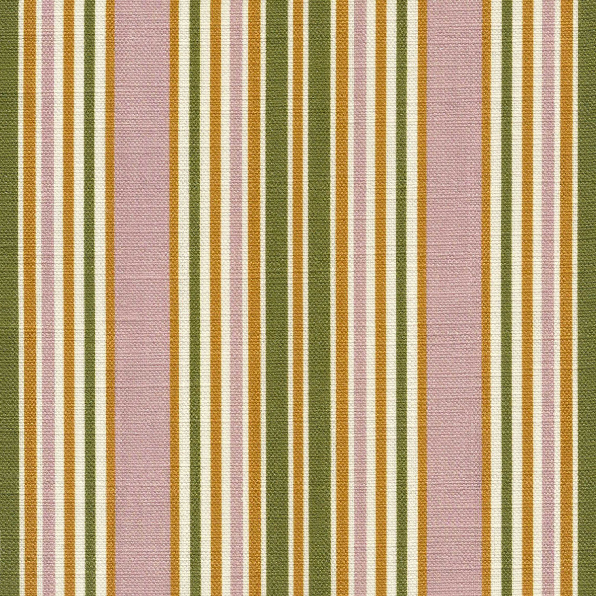 Vertical striped fabric pattern with alternating wide dusty pink and olive green stripes, bordered by thin white and mustard yellow stripes.