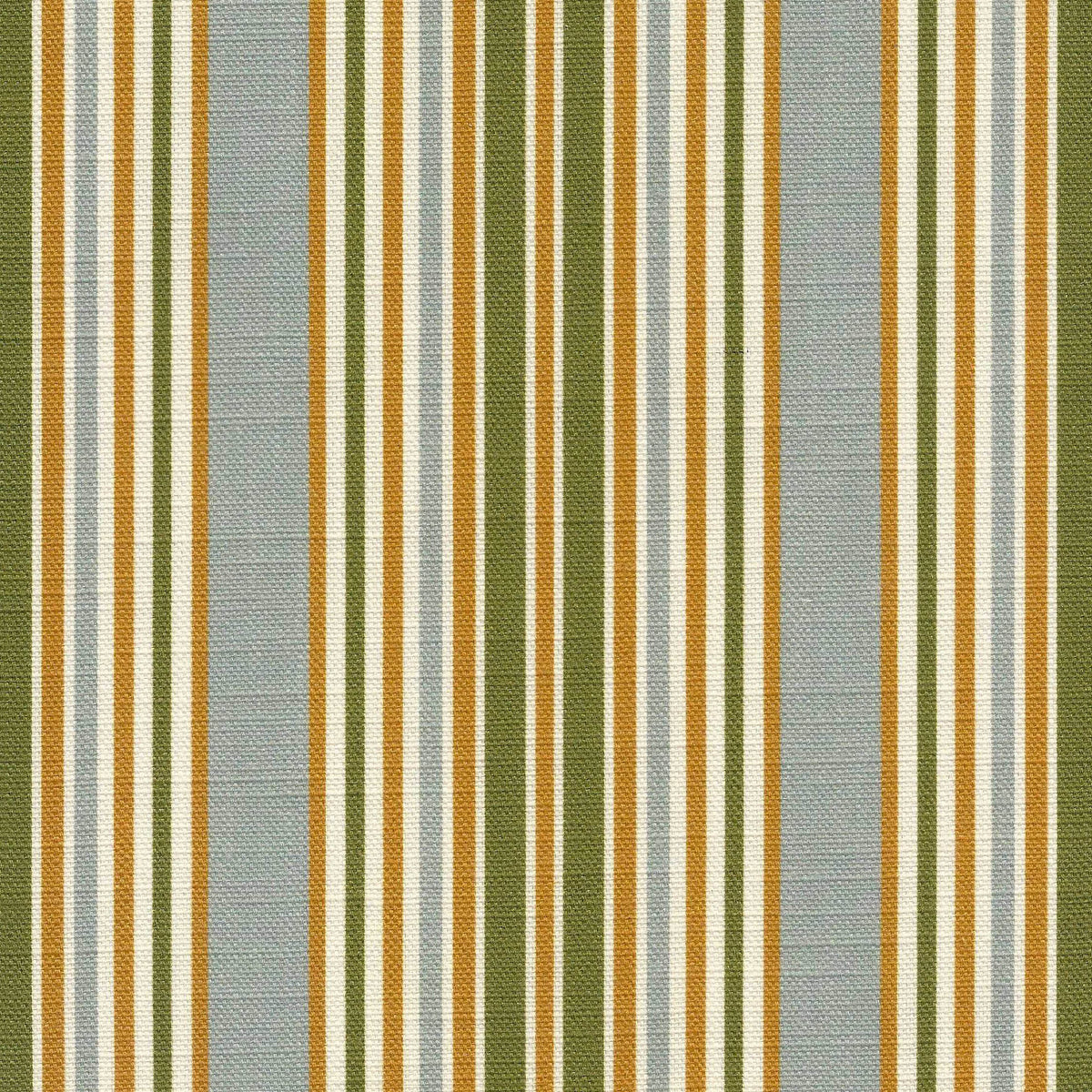 Vertical striped fabric pattern featuring alternating stripes of sage green, light blue, golden yellow, and ivory
