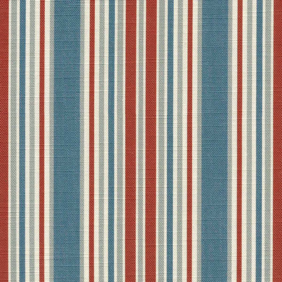 vertical striped design in orange, blue and ivory, printed on a textured linen ground