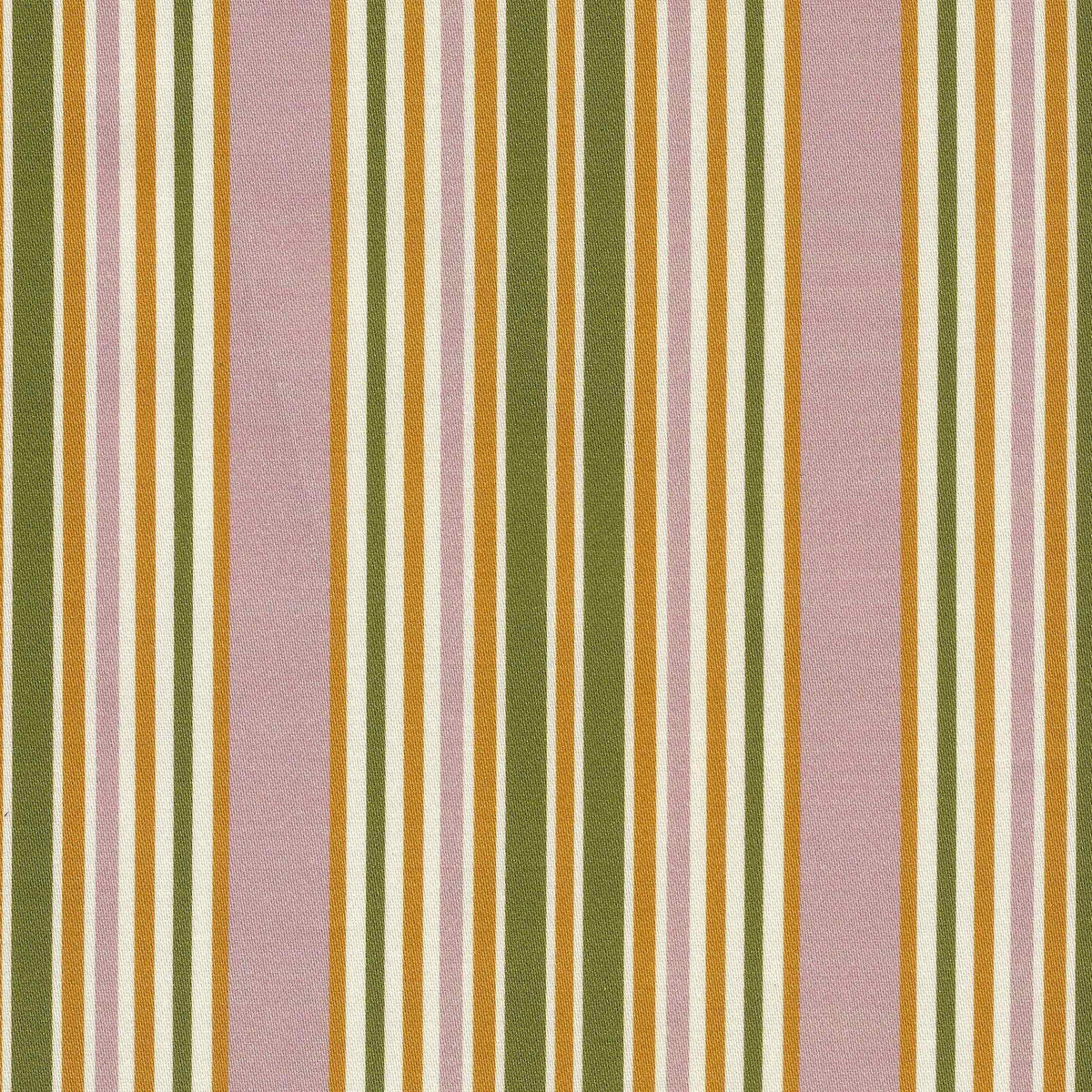 Vertical striped fabric pattern featuring alternating stripes of dusty pink, olive green, golden yellow, and cream.