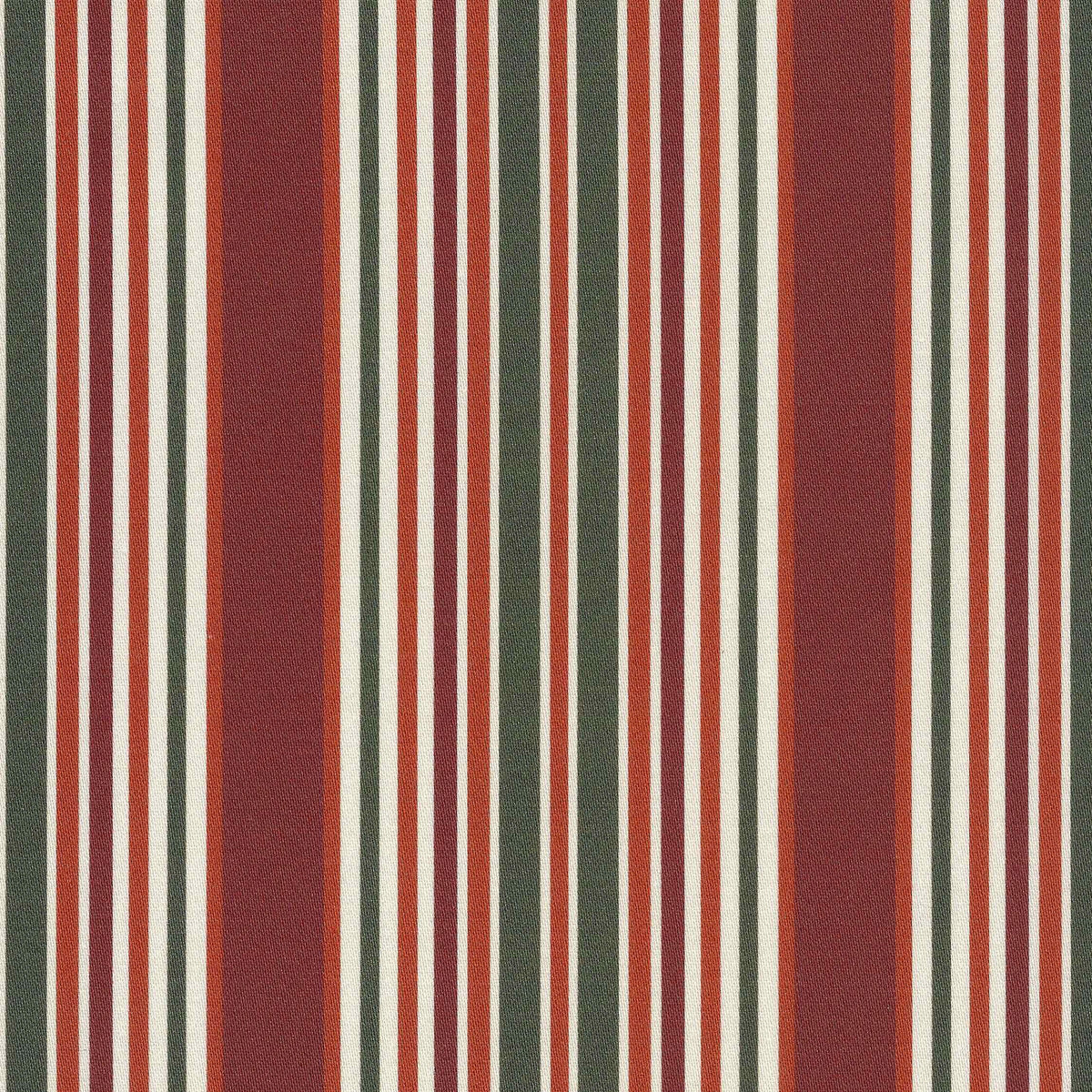 A vertical striped design in burgundy, forest green and burnt orange, met with an ivory detail. Printed on a smooth cotton satin ground.