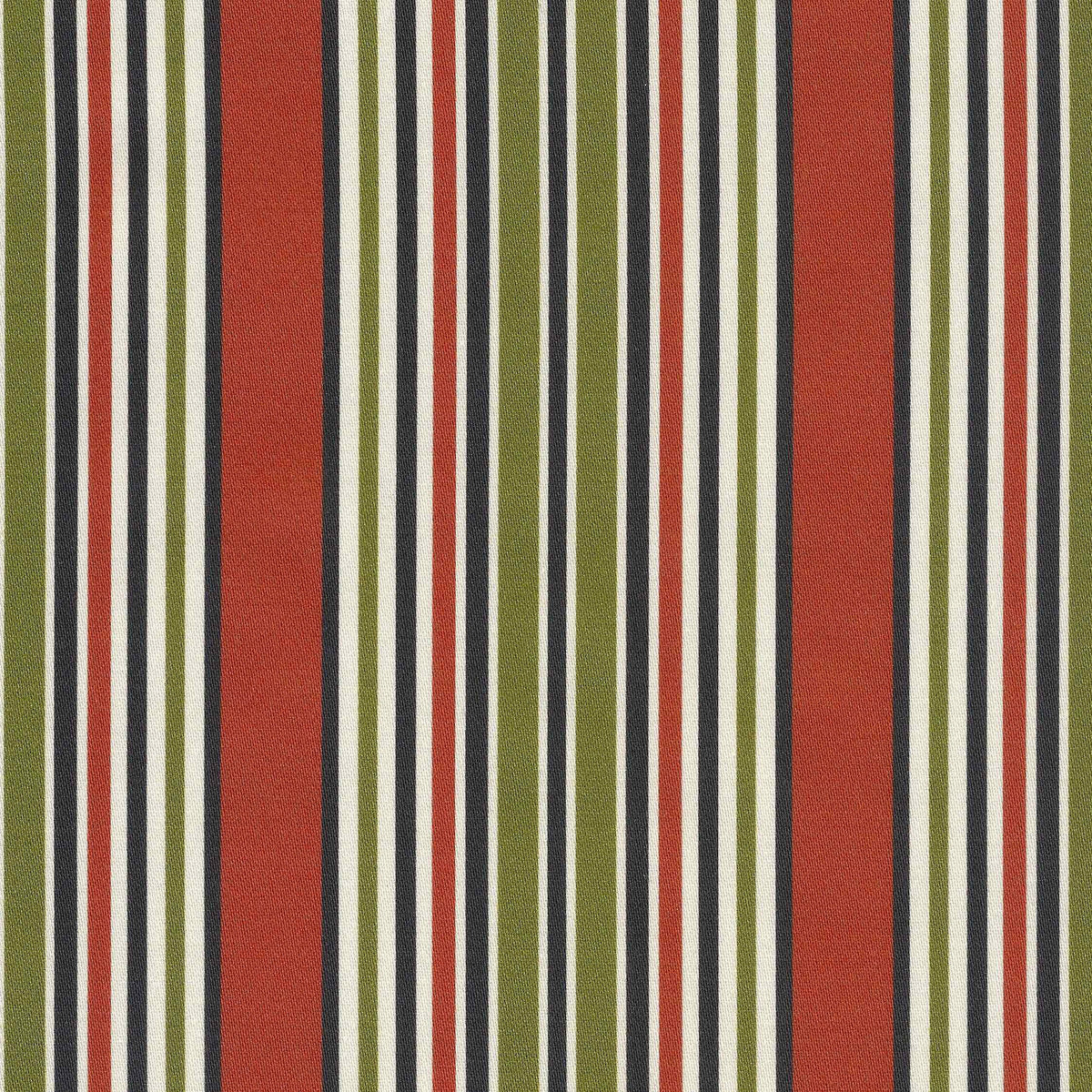 a vertical striped design in terracotta, black, ivory and green varying  width stripes. Printed on a smooth cotton satin ground.