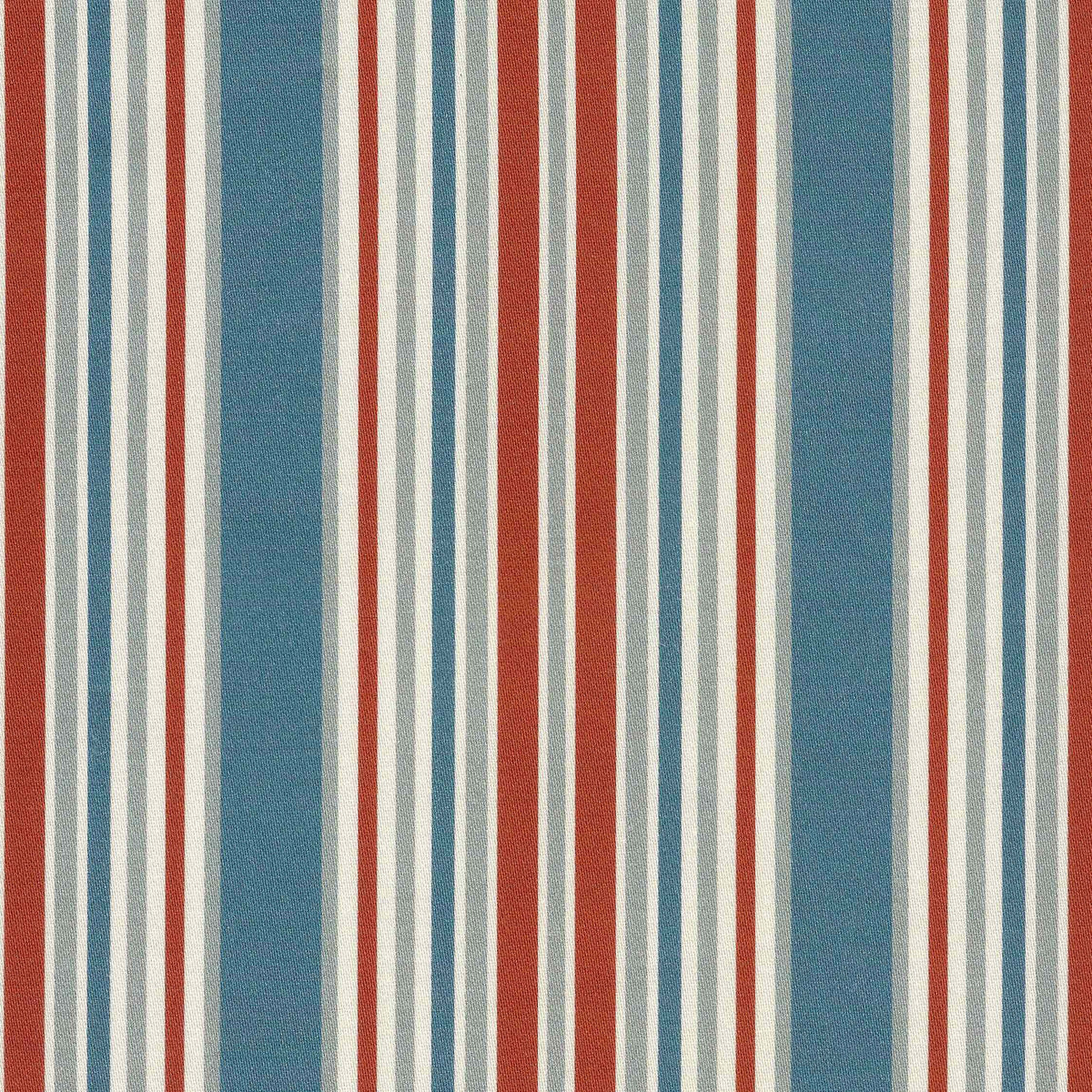 A vertical striped design in blues, terracotta orange and ivory, in varying widths. Printed on a smooth cotton ground.