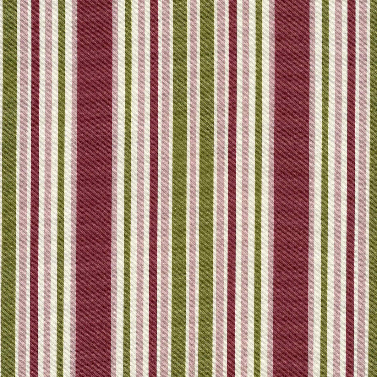 A vertical striped design in bordeaux and blush pink with green and ivory bands. Printed on a smooth cotton satin ground