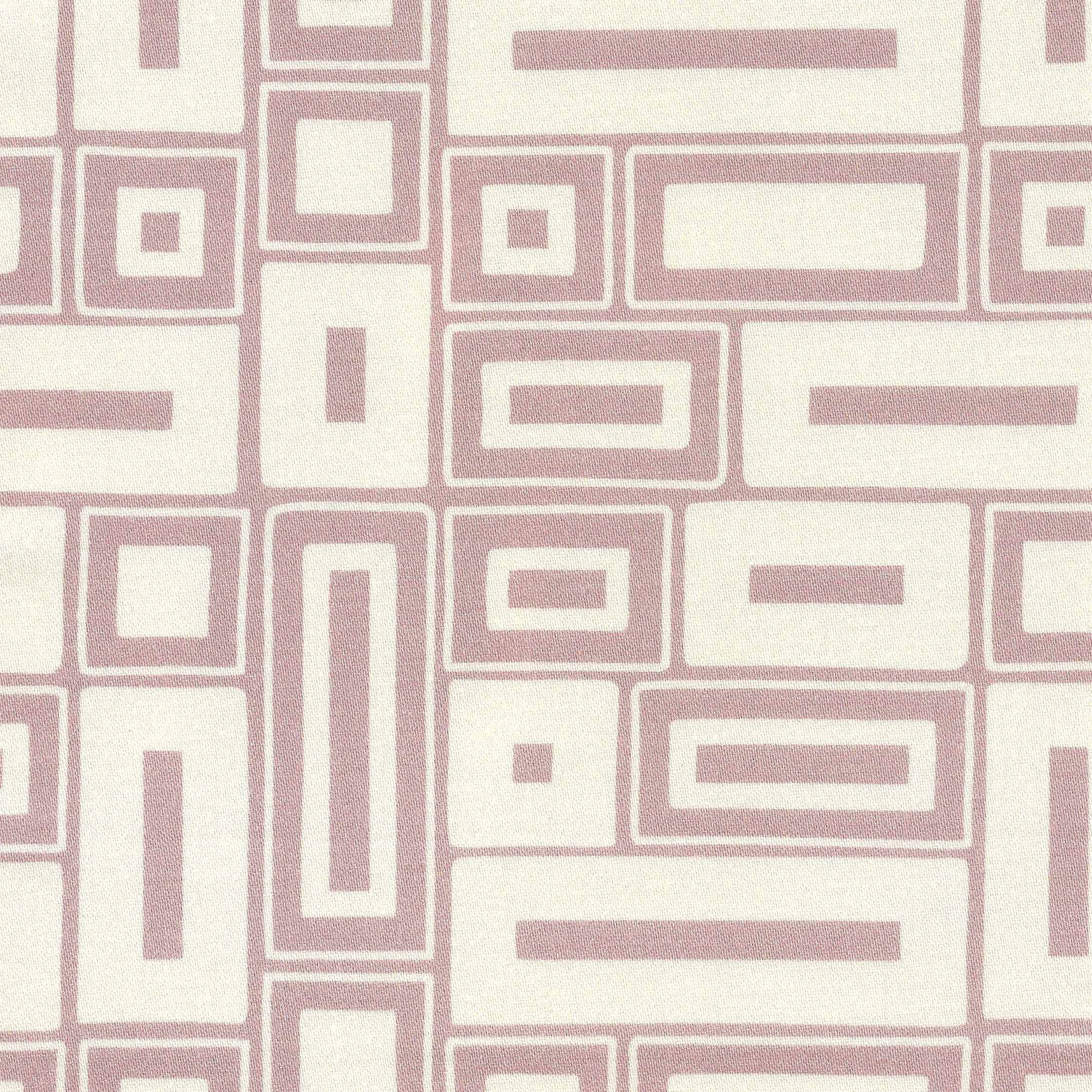 A close-up of a geometric patterned fabric featuring dusty rose pink rectangular and square outlines on a warm off-white textured background.