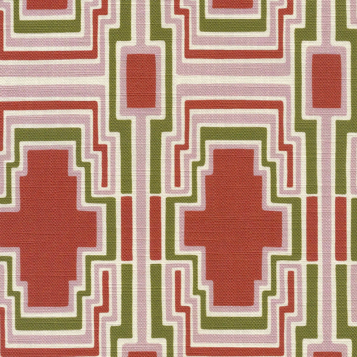 Geometric pattern with terracotta, green, and beige shapes on a n ivory background