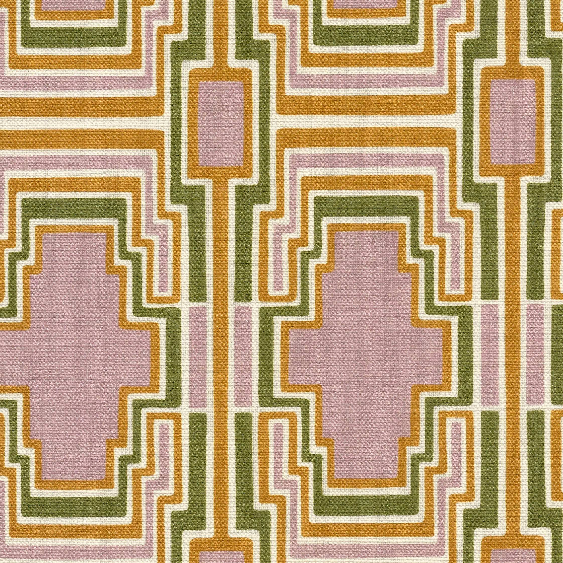 Geometric pattern with green, golden yellow, and pink colours on a textured linen fabric background