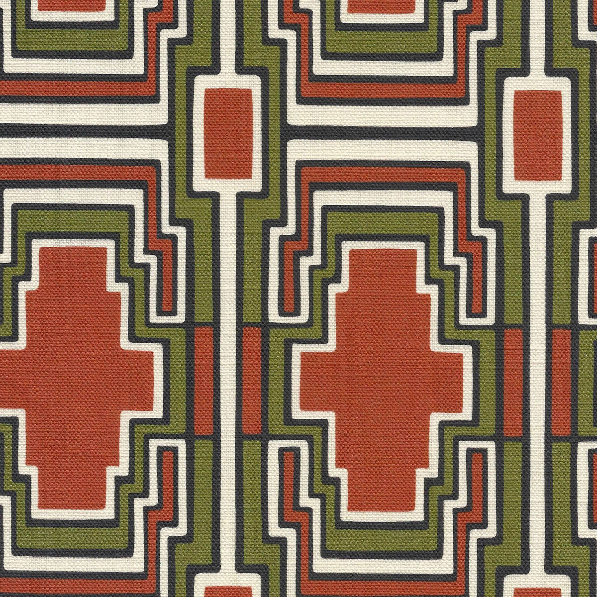 Geometric pattern with terracotta, green, and ivory and black outlines shapes on a fabric background