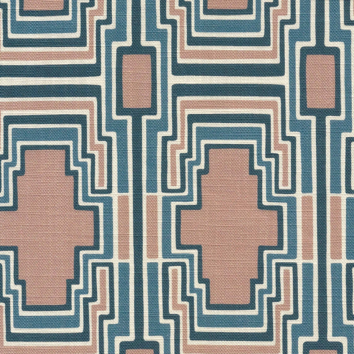 Geometric pattern with blush pink and blue shapes with an ivory outline on a textured linen background