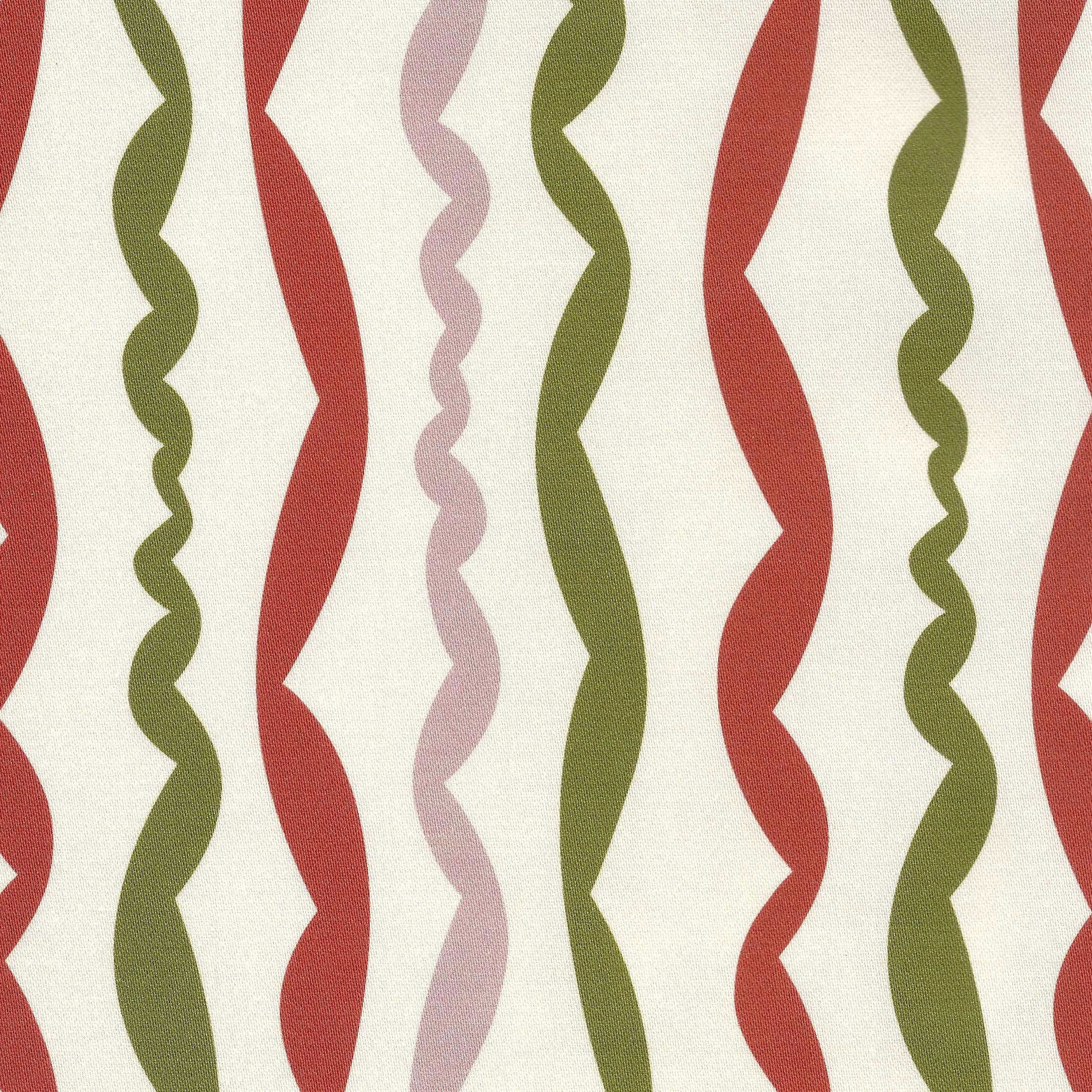 Wavy striped printed textile design in terracotta, blush pink and green stripes on a smooth ivory base.
