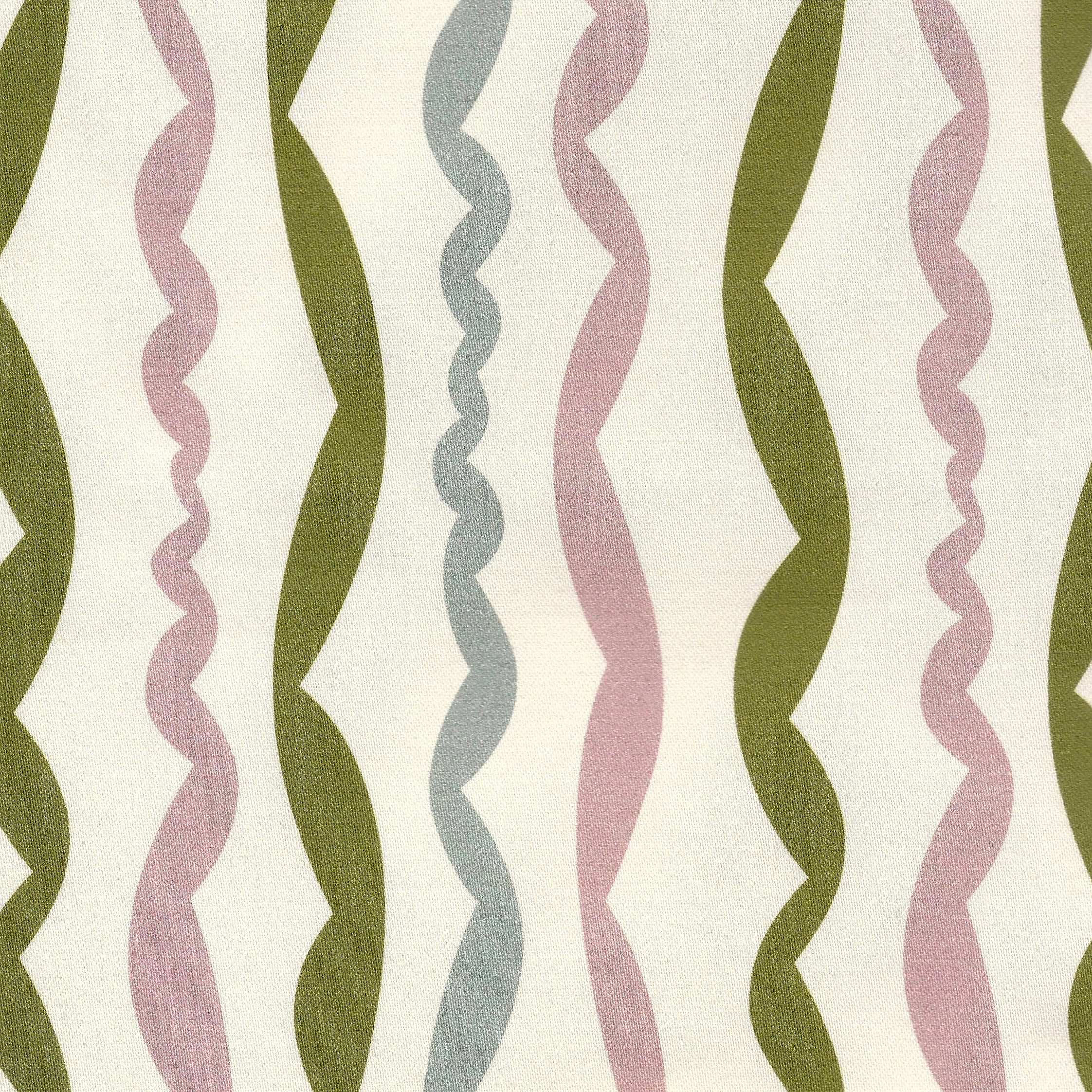 Wavy striped printed fabric in blush pink, soft blue and vibrant green on a smooth ivory ground