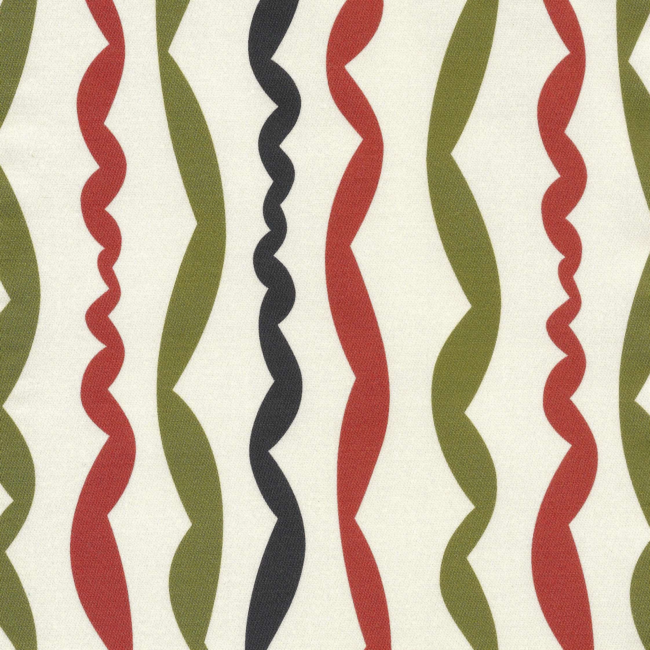  A striped cotton pattern featuring a contemporary palette of terracotta, green and black on an ivory ground