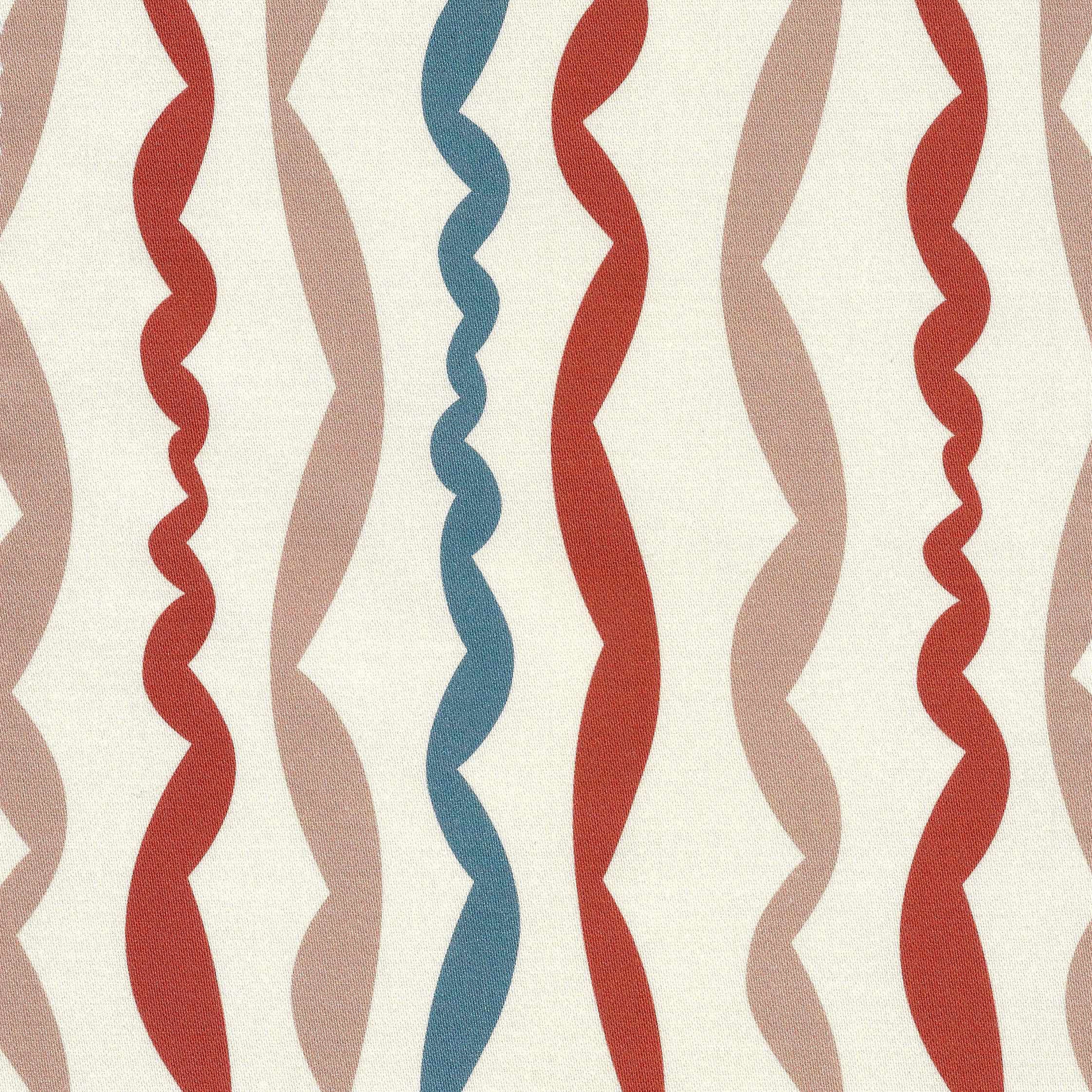 Wavy striped design in terracotta, nude and blue on an ivory ground