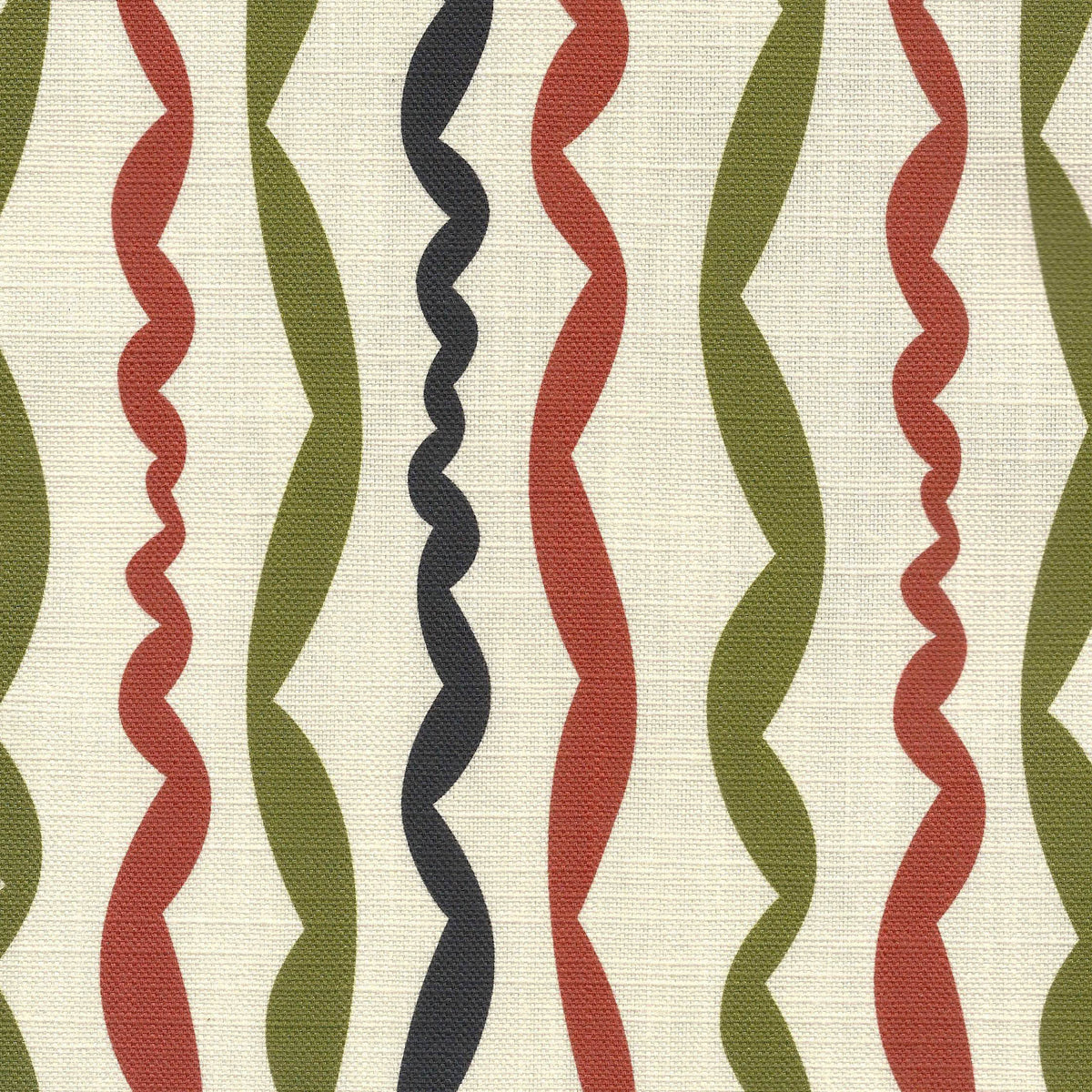 striped linen fabric featuring a contemporary palette of terracotta, green and black on an ivory ground