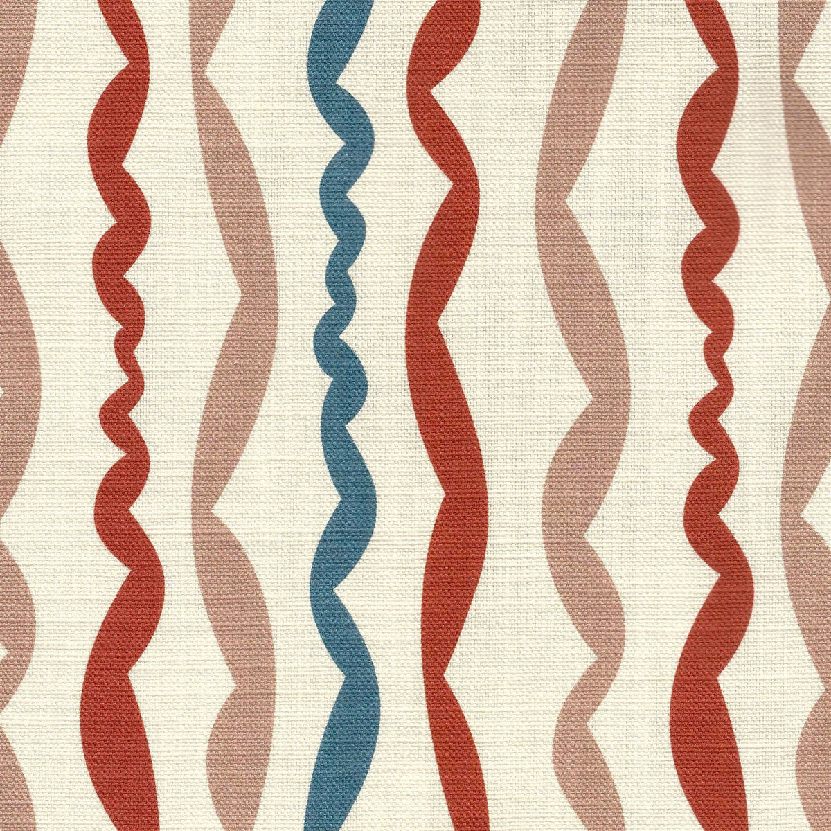 printed fabric with wavy terracotta blue, and beige pattern on a neutral background
