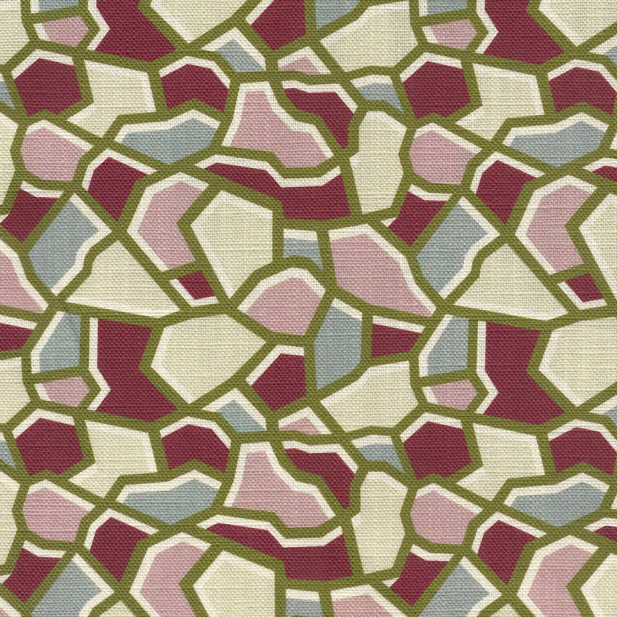 Abstract allover geometric printed patterned fabric with burgundy, pale pink, green, and beige colors with an ivory outline.