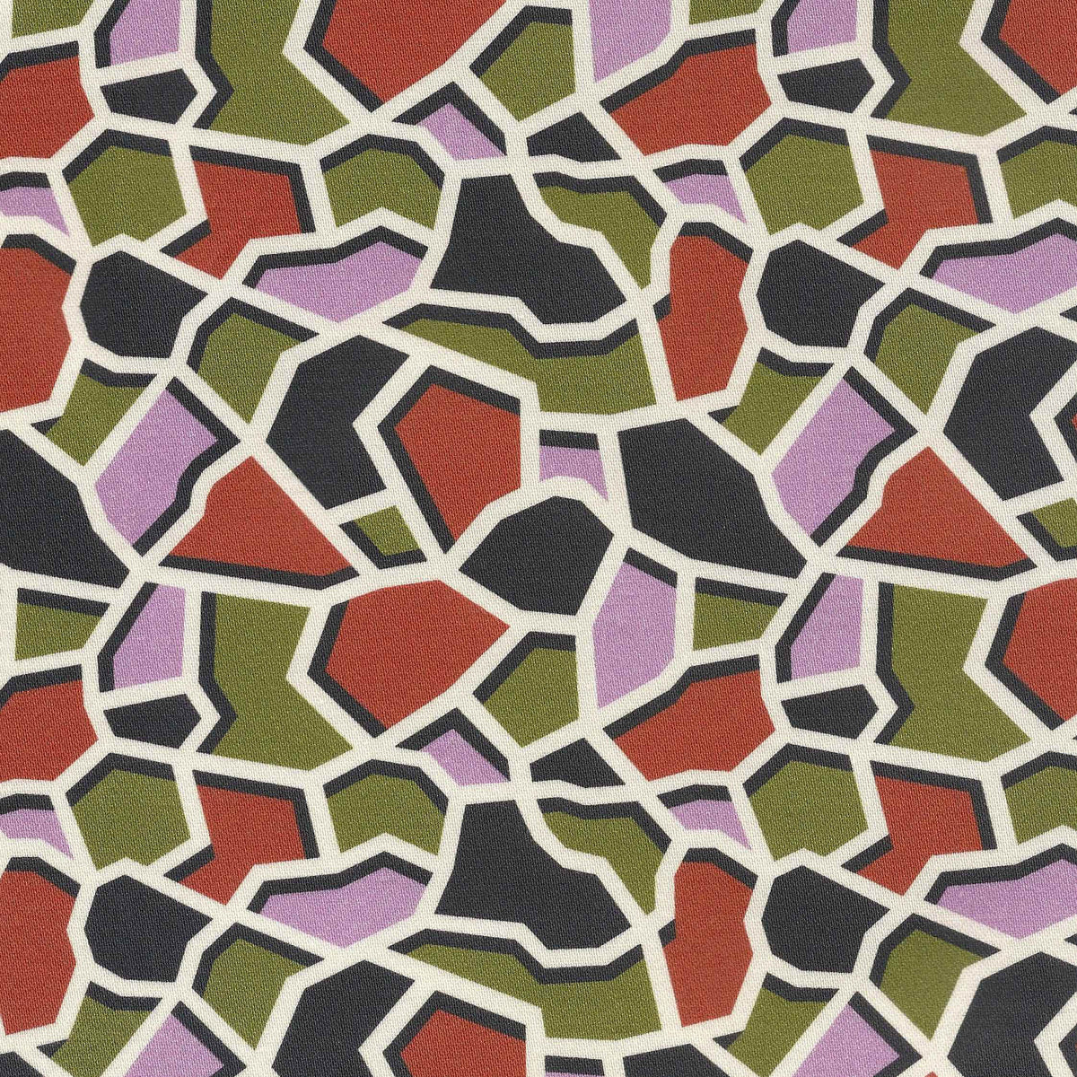 A close-up of a patterned surface with irregular polygon shapes in olive green, red, black, lavender purple, and cream separated by thin cream lines.