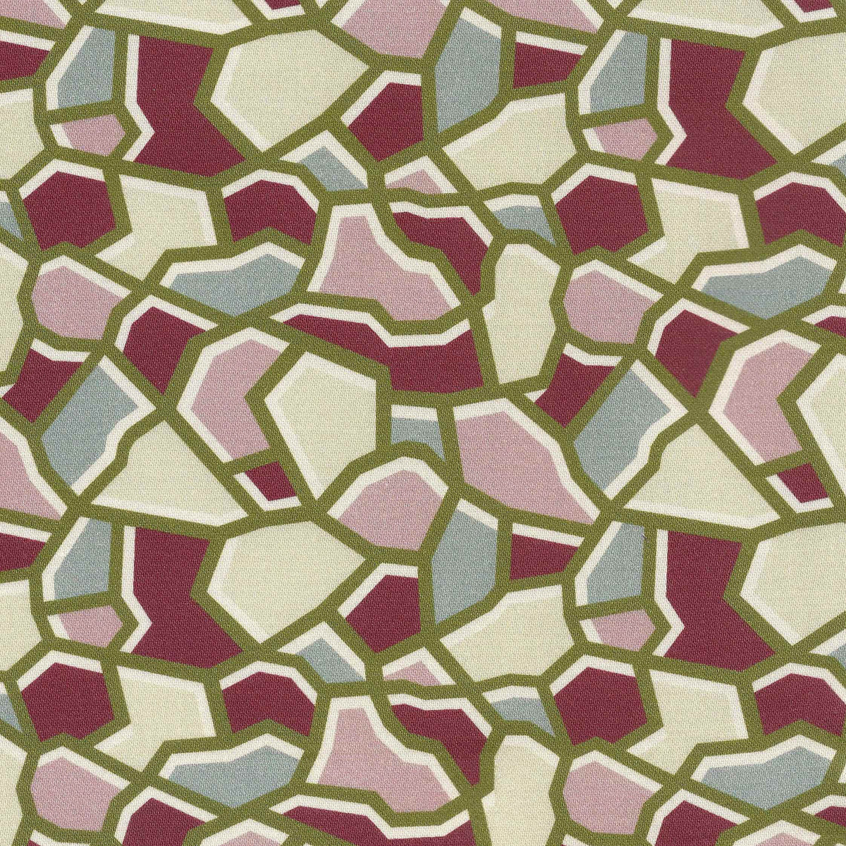 An abstract geometric pattern with irregular polygon shapes in burgundy, blush pink, pale blue-gray, and cream, outlined in olive green.